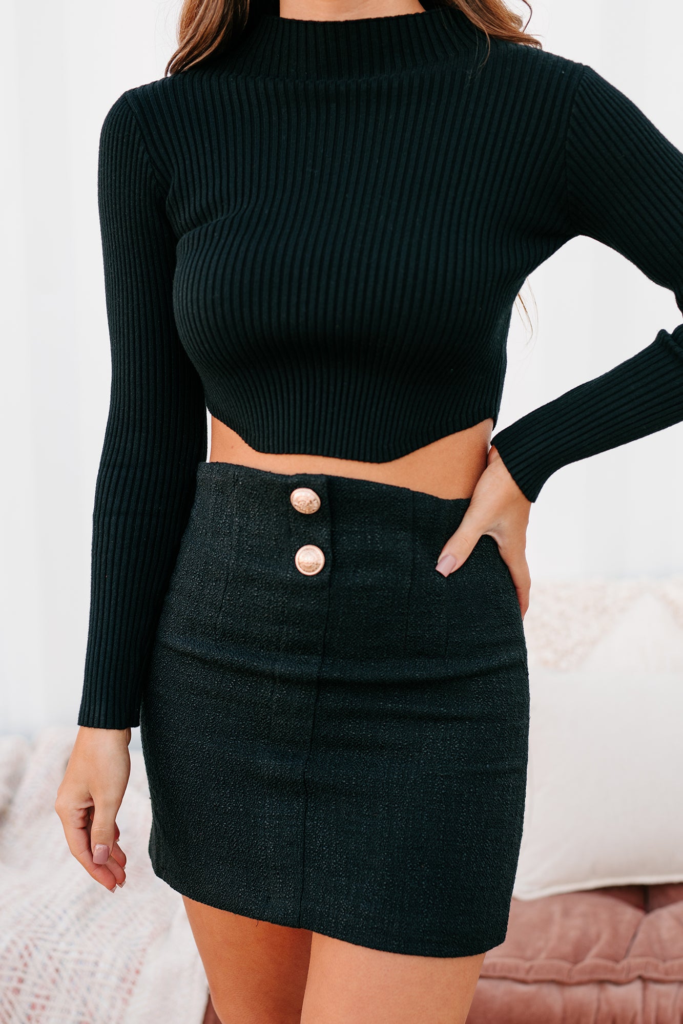 All About Us Mock Neck Cropped Sweater Top (Black)-The Formal Wear