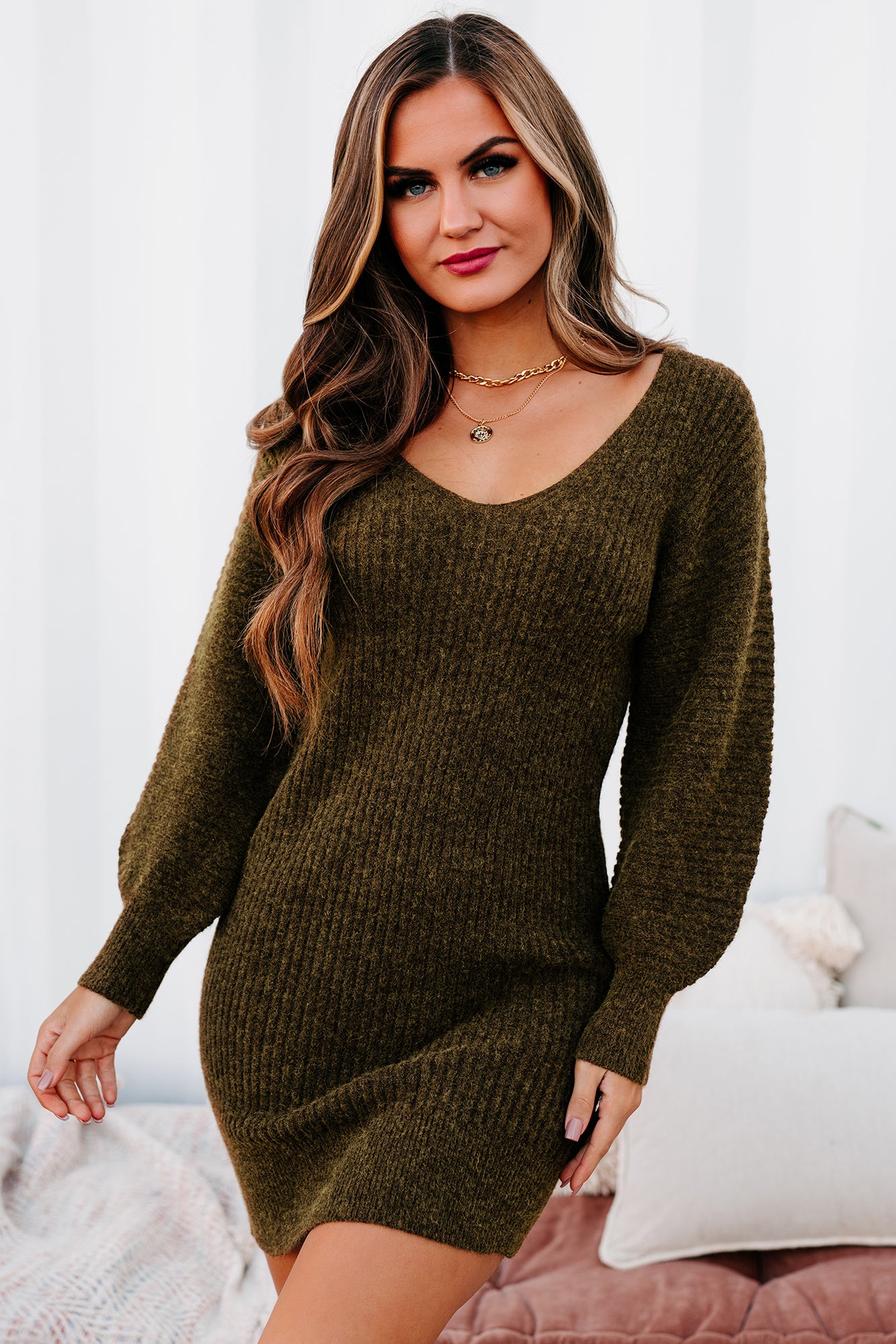 Touch Of Warmth V-Neck Sweater Dress (Brunette)-The Formal Wear