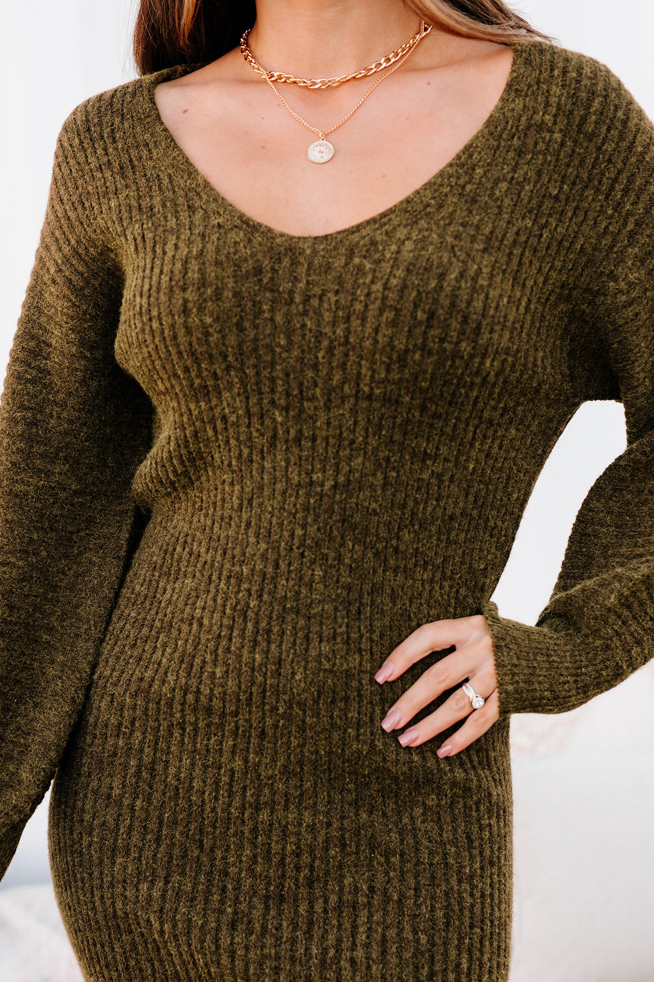 Touch Of Warmth V-Neck Sweater Dress (Brunette)-The Formal Wear