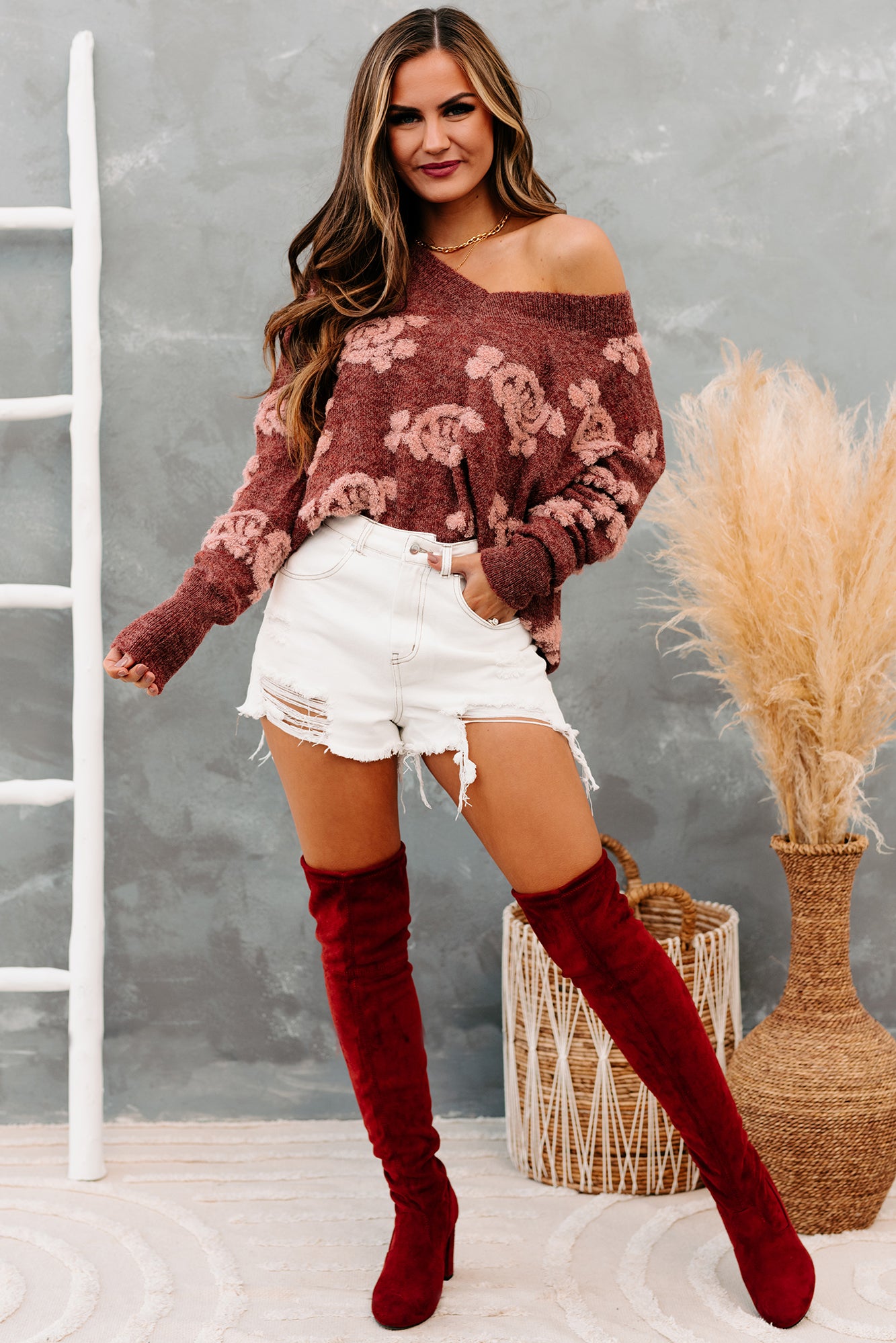 Eccentric Energy Textured Distressed Hem Sweater (Brick)-The Formal Wear