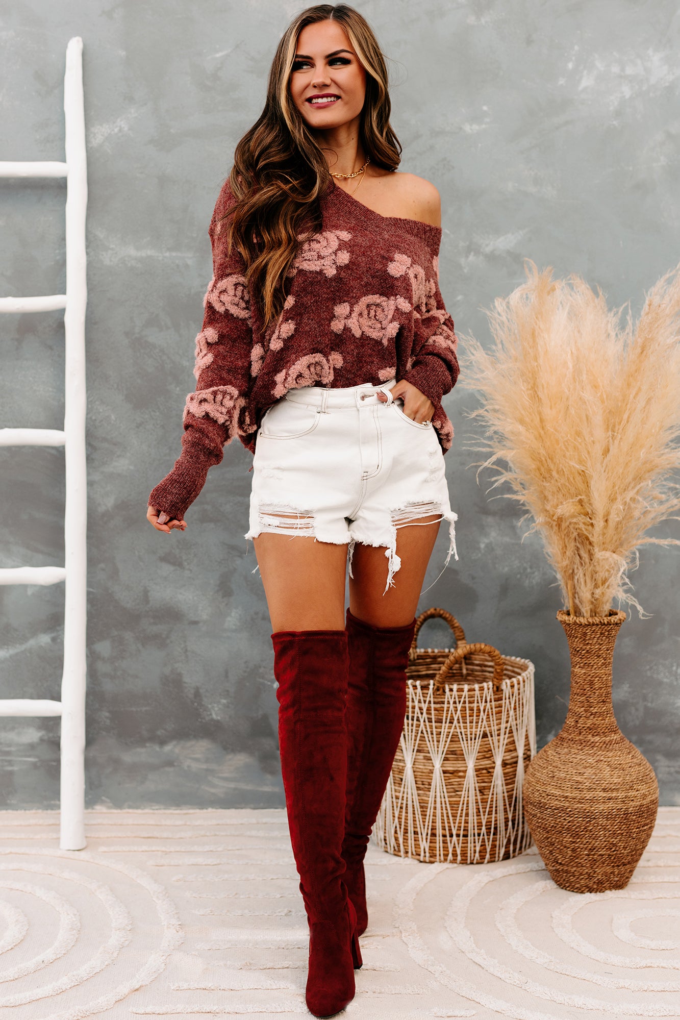 Eccentric Energy Textured Distressed Hem Sweater (Brick)-The Formal Wear