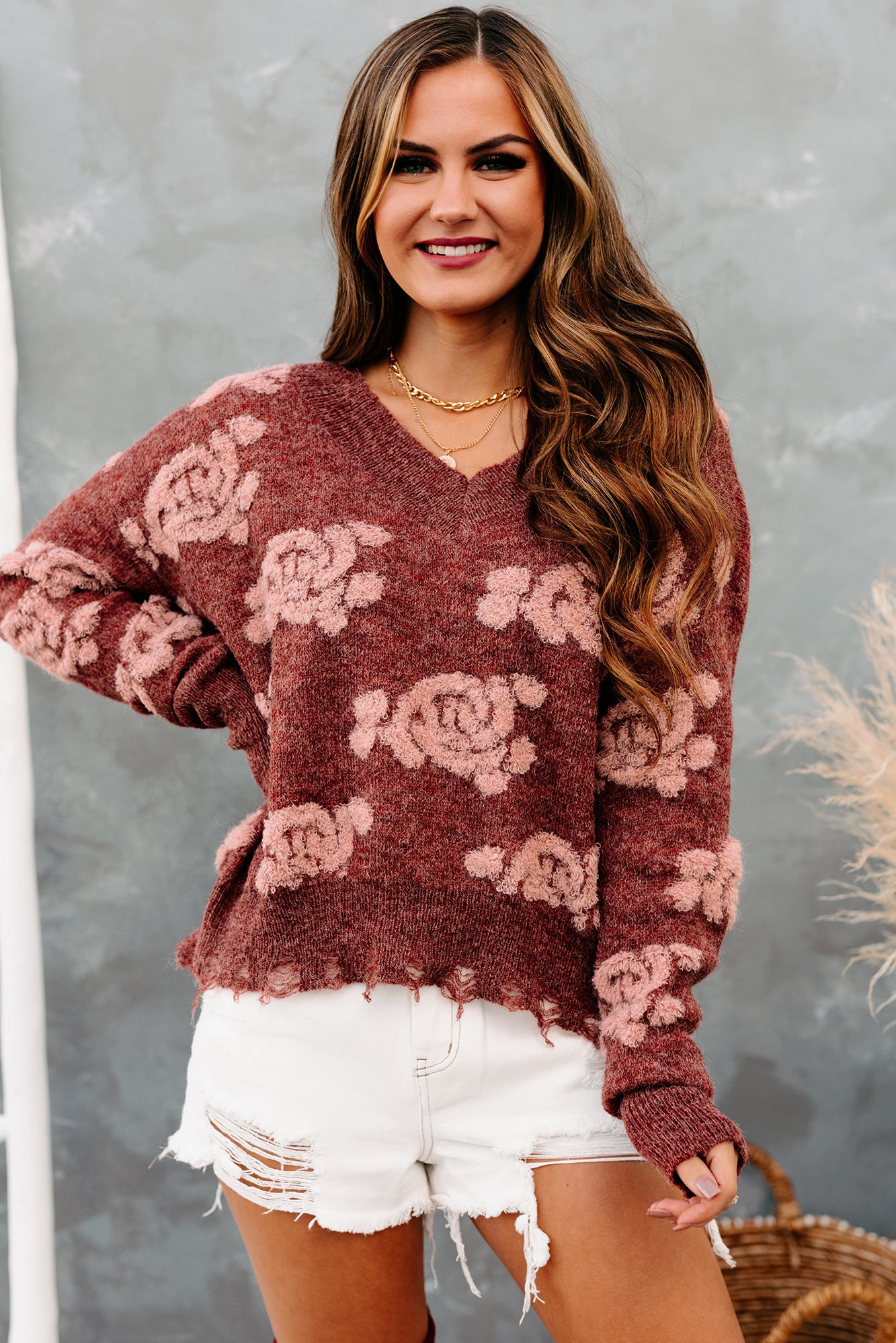 Eccentric Energy Textured Distressed Hem Sweater (Brick)-The Formal Wear