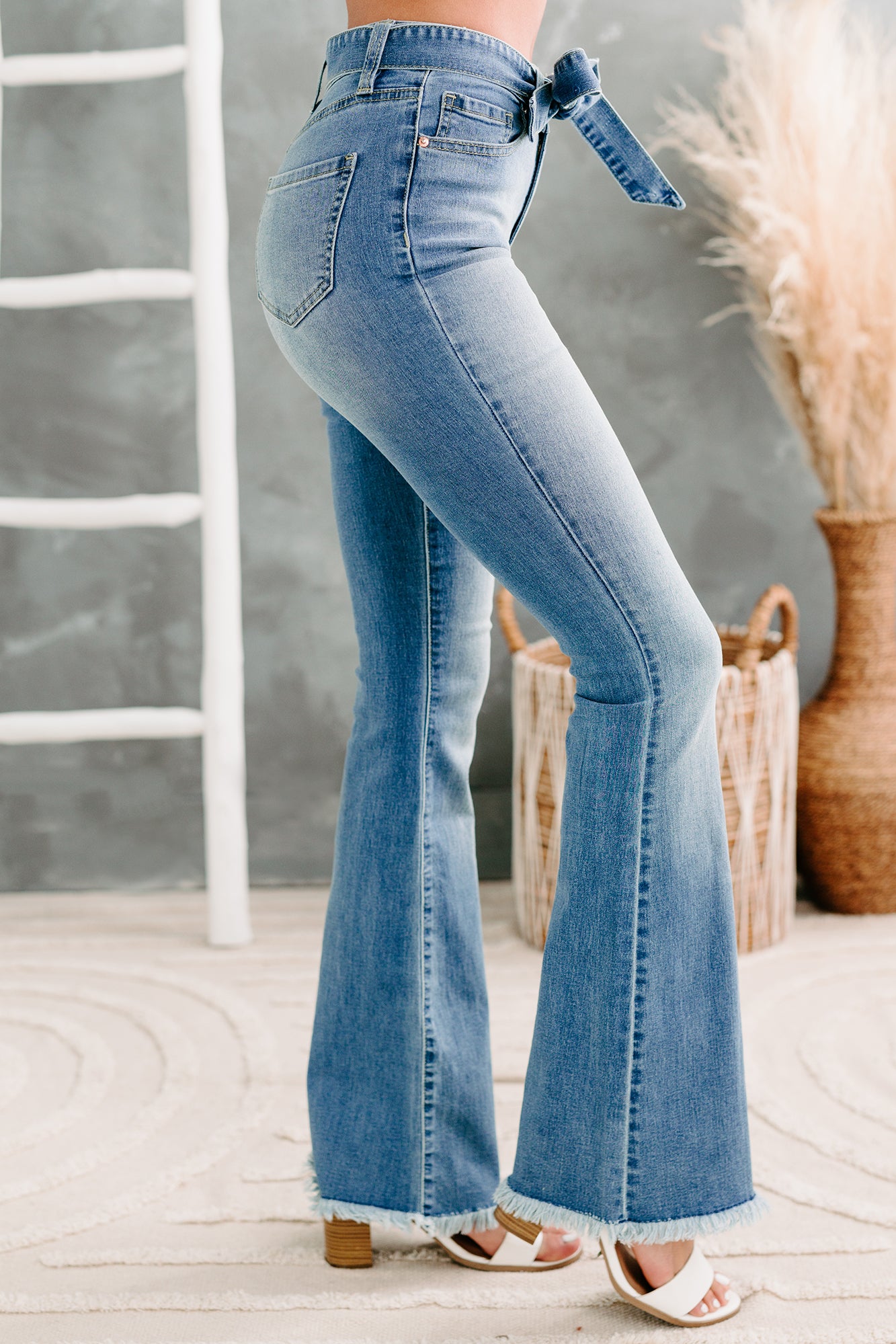 Simply Intrigued YMI High Rise Belted Frayed Flare Jeans (Medium)-The Formal Wear