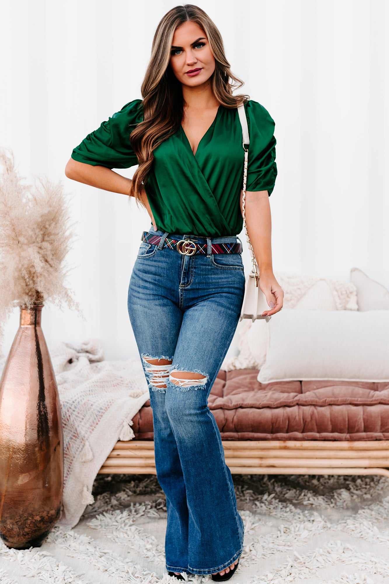 Caught Off Guard Sneak Peek High Rise Distressed Flare Jeans (Medium)-The Formal Wear