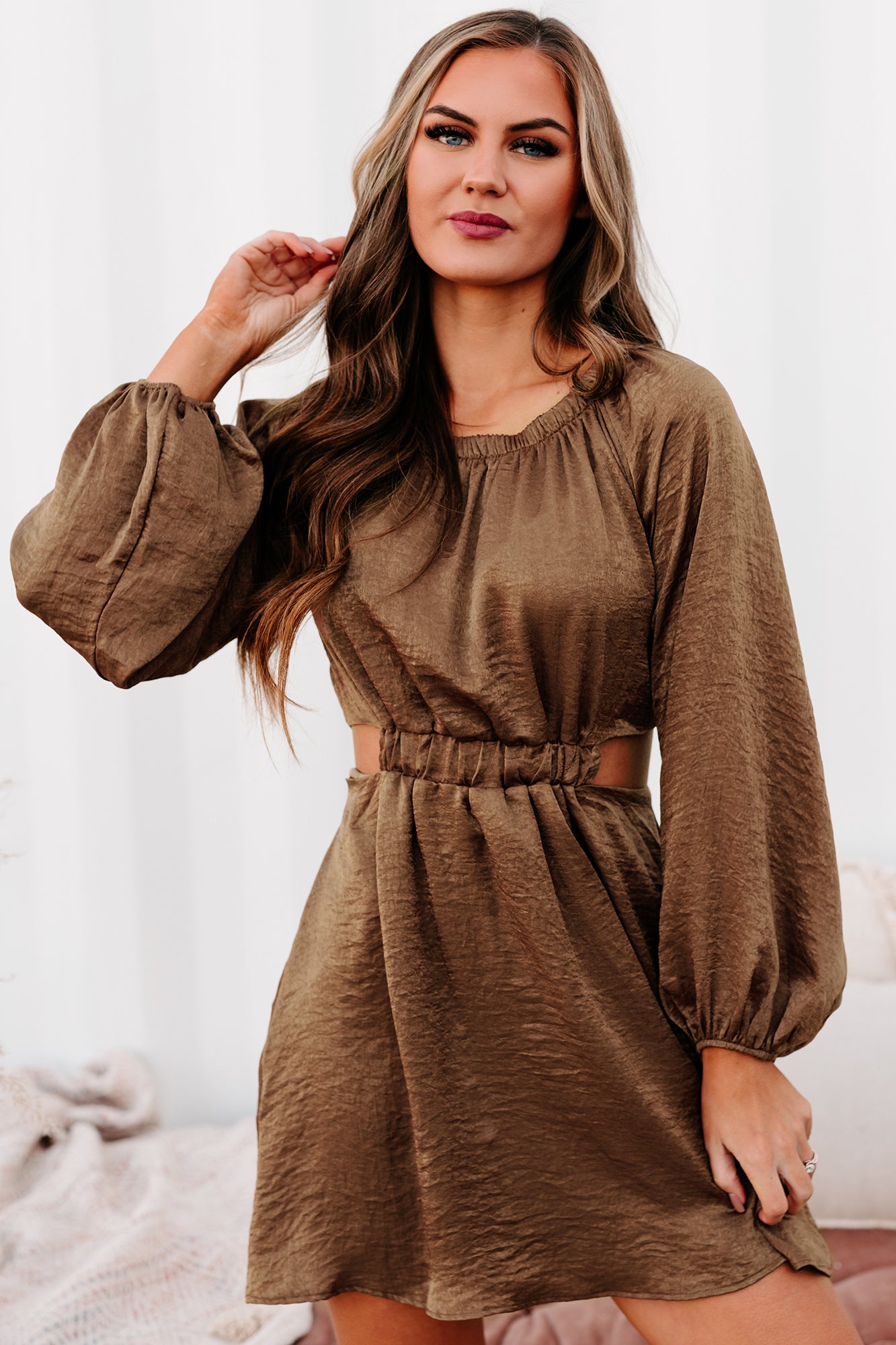 Subtle Glamour Satin Cut-Out Dress (Mocha)-The Formal Wear