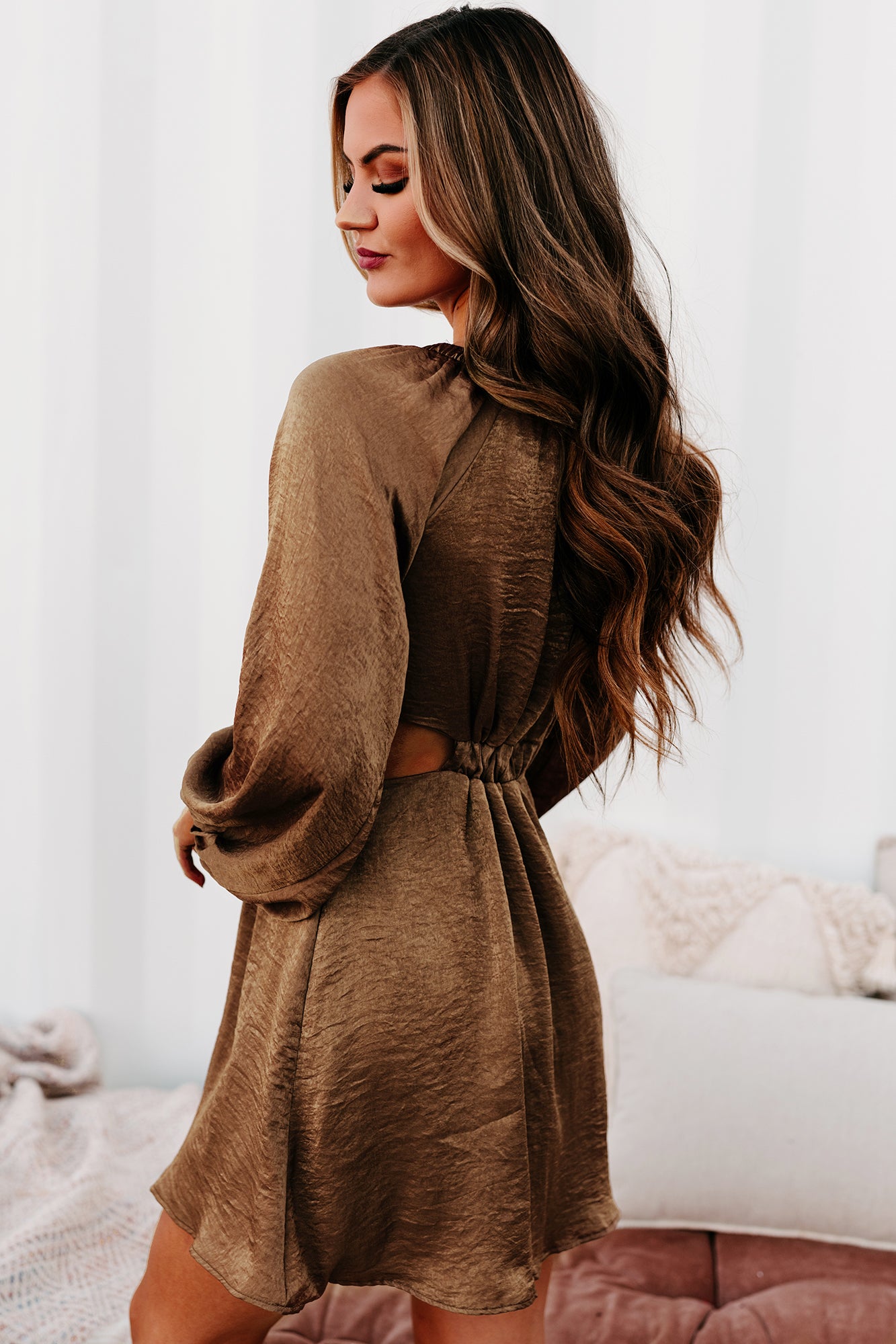 Subtle Glamour Satin Cut-Out Dress (Mocha)-The Formal Wear