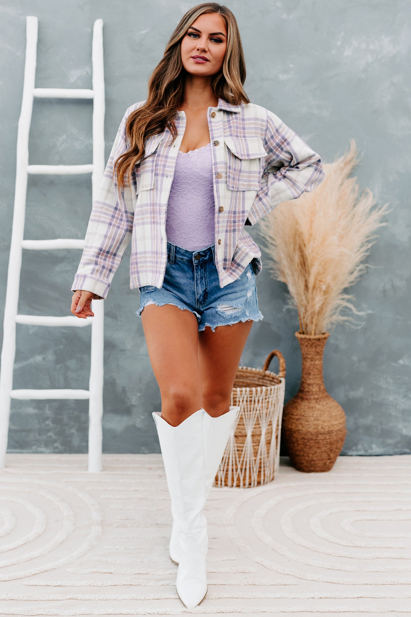 Anna Plaid Print Shacket (Lavender Mix)-The Formal Wear