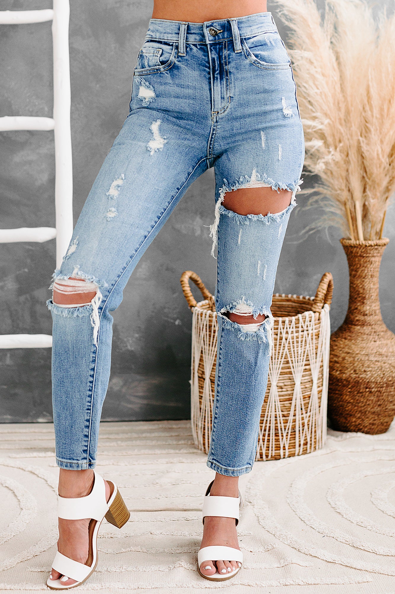 Cleobella Sneak Peek High Rise Distressed Skinny Jeans (Medium Light)-The Formal Wear