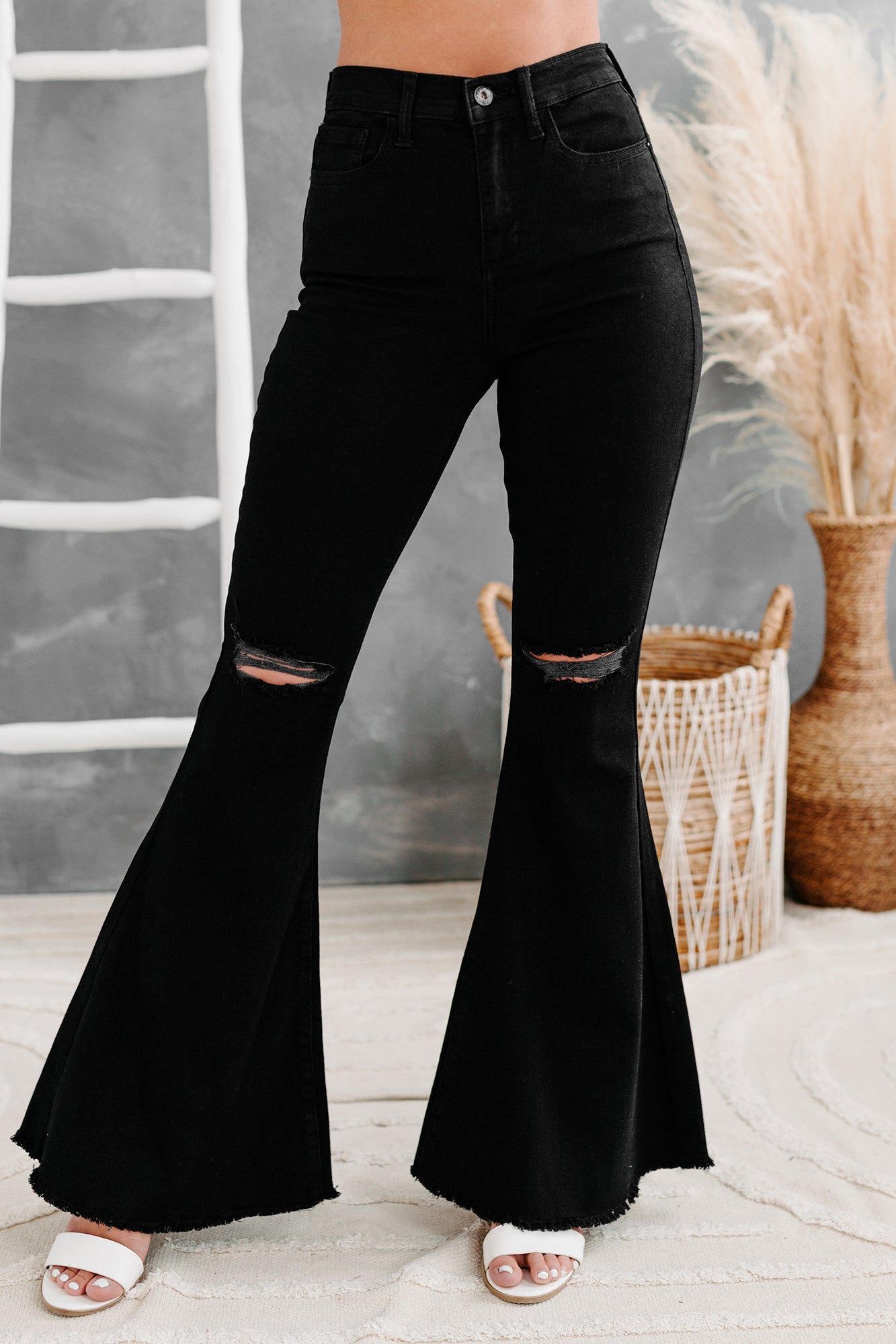Bullseye Sneak Peek High Rise Distressed Bell Bottom Jeans (Black)-The Formal Wear