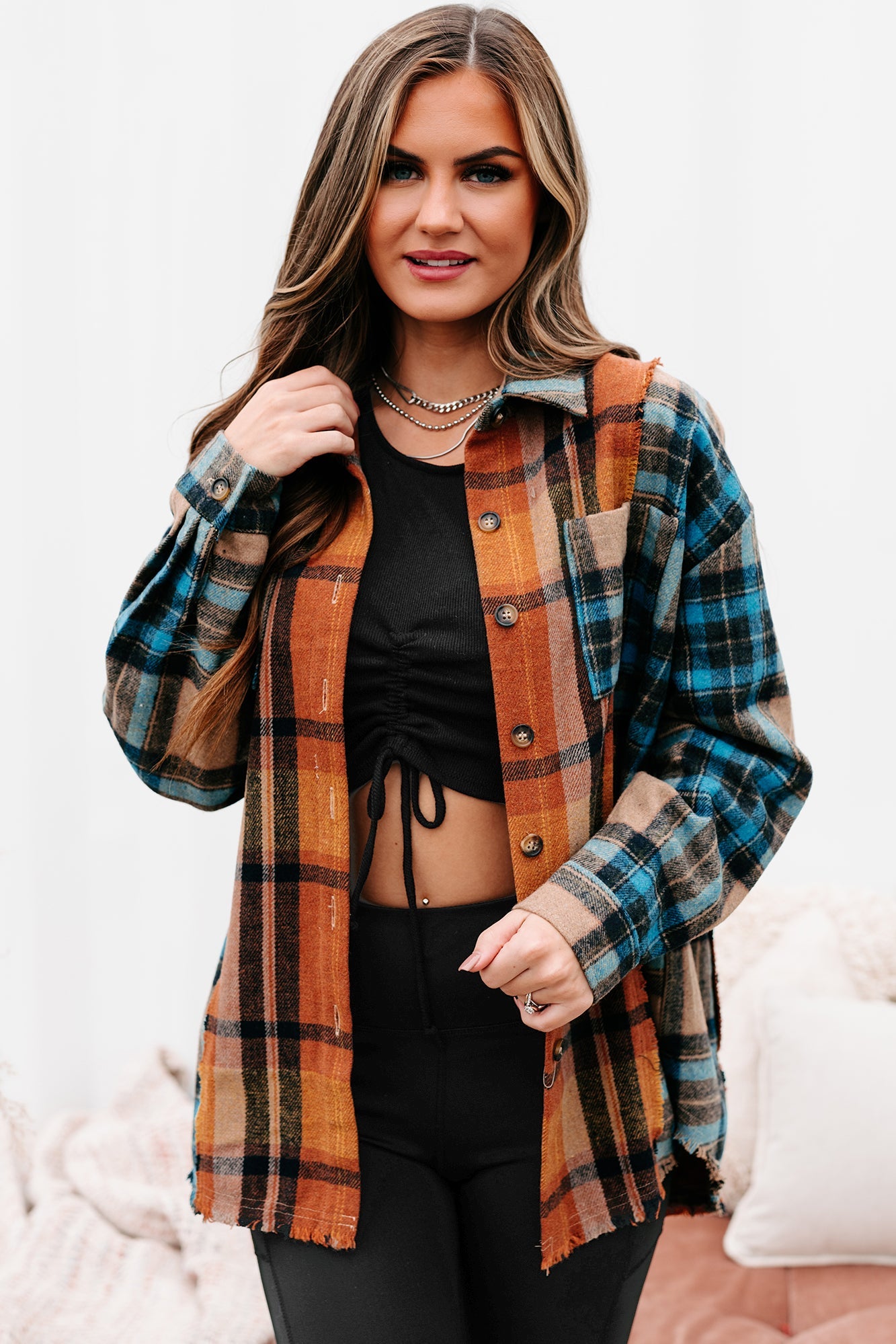 Campfire Evenings Oversized Plaid Shacket (Blue Brown)-The Formal Wear