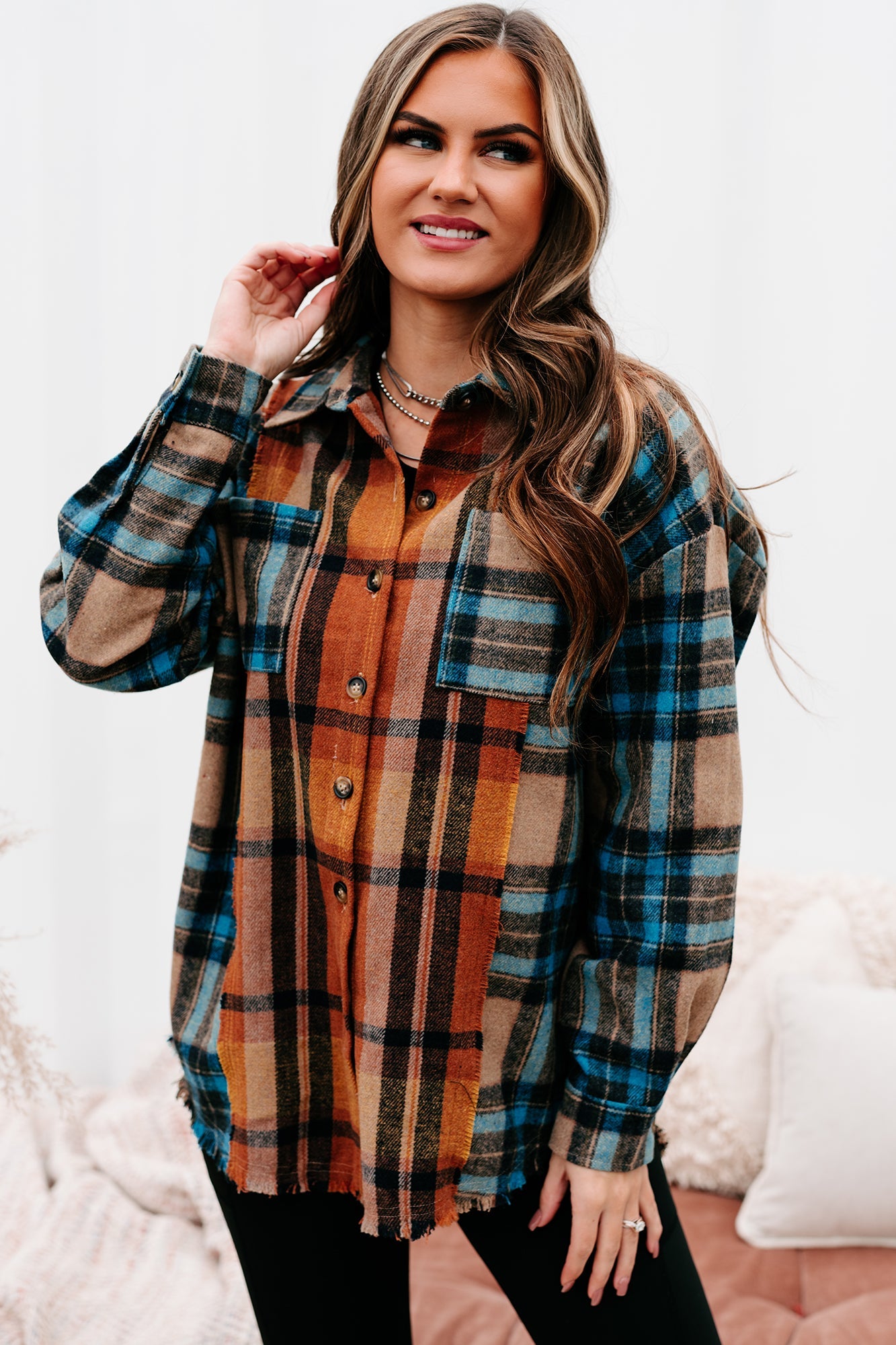 Campfire Evenings Oversized Plaid Shacket (Blue Brown)-The Formal Wear