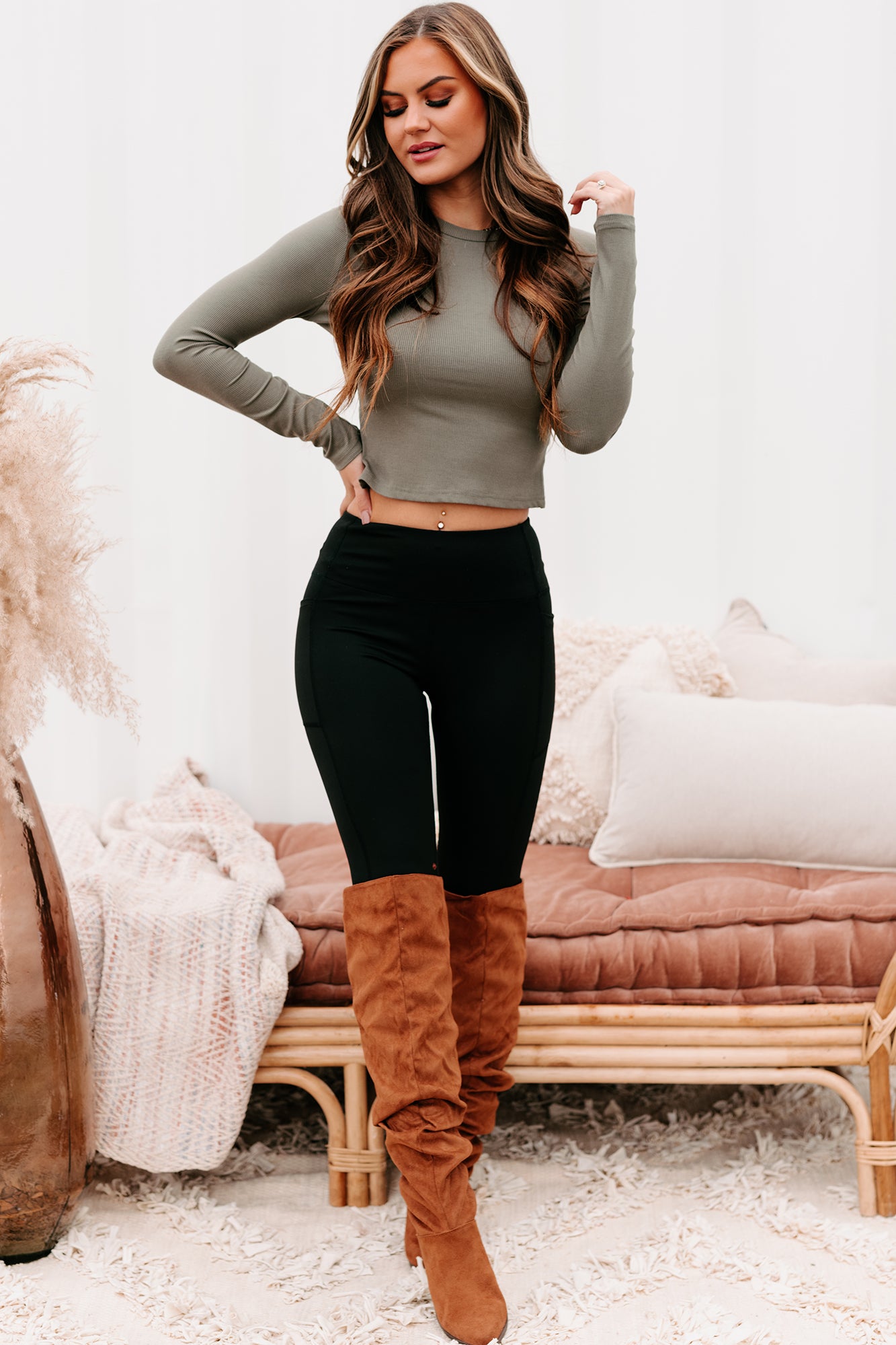 Extra Ordinary Long Sleeve Cut-Out Back Top (Olive)-The Formal Wear