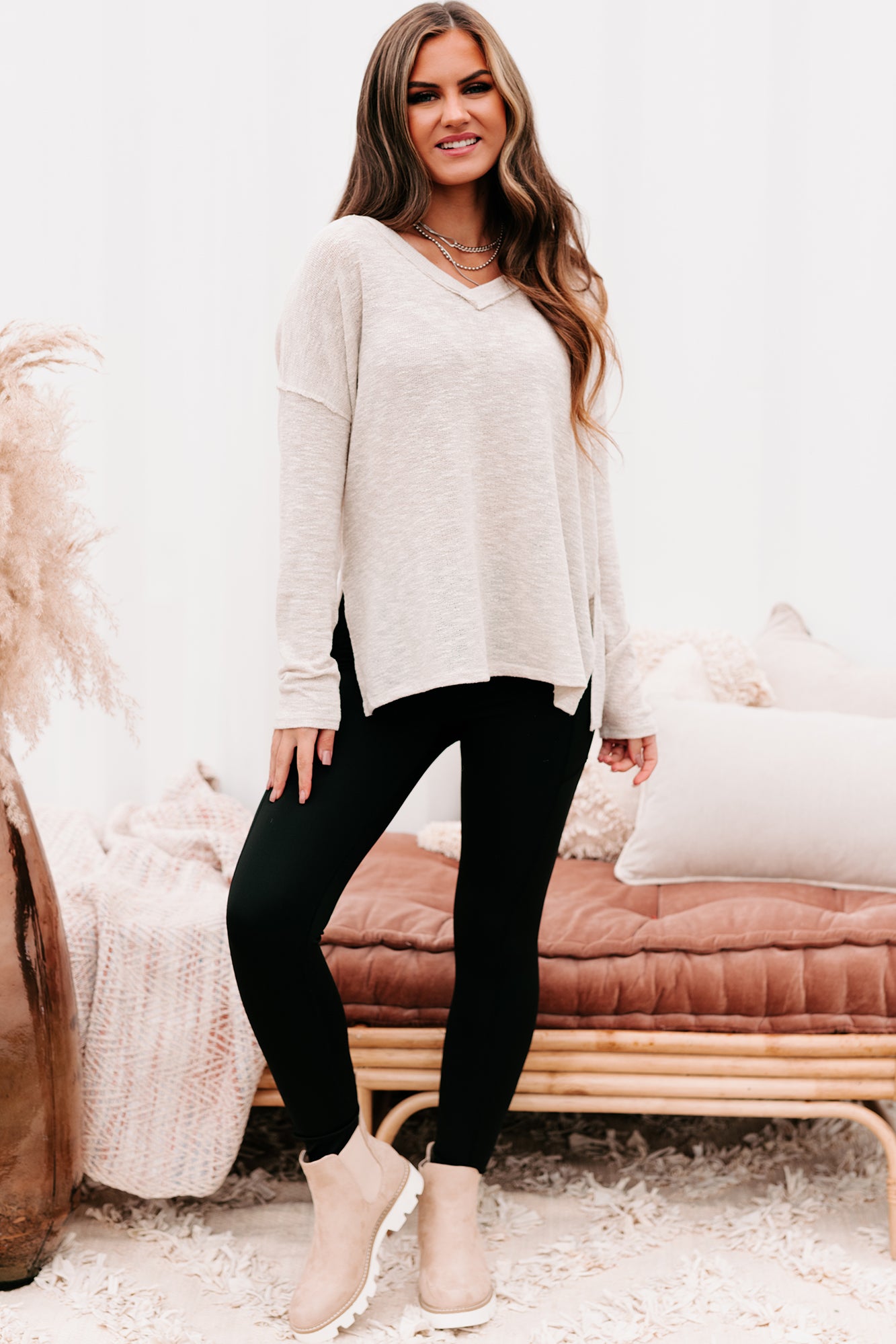 Everyday Excellence Slub Knit V-Neck Top (Oatmeal)-The Formal Wear