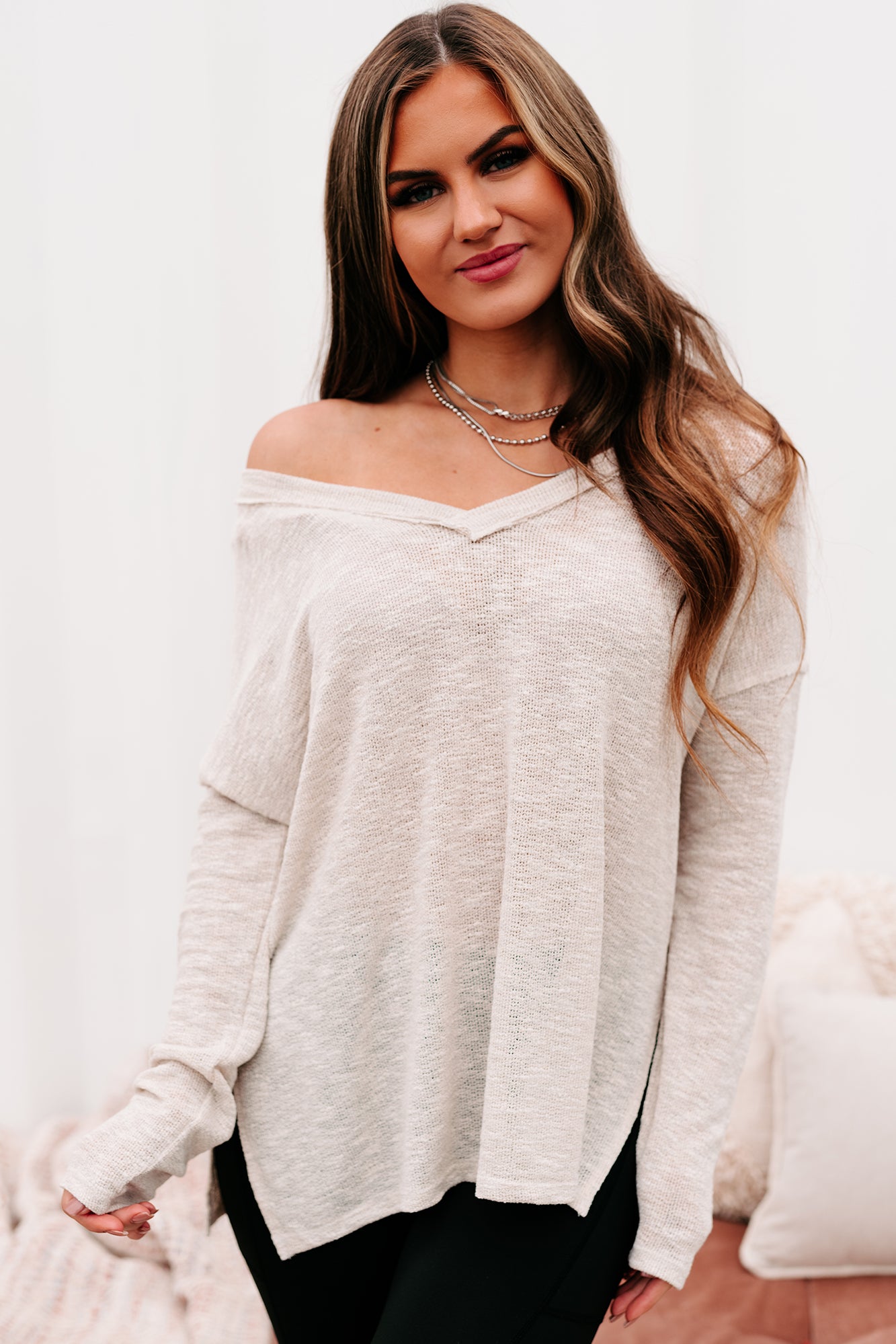 Everyday Excellence Slub Knit V-Neck Top (Oatmeal)-The Formal Wear