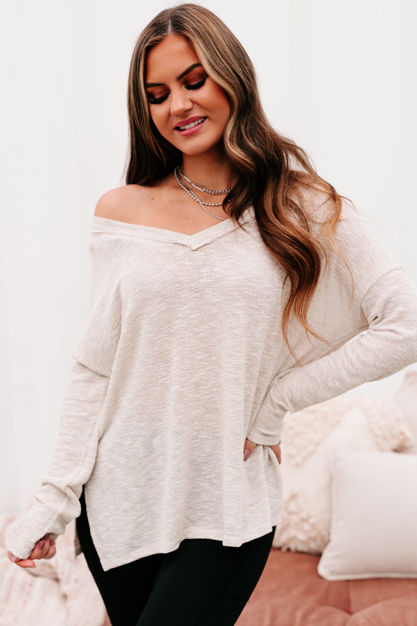 Everyday Excellence Slub Knit V-Neck Top (Oatmeal)-The Formal Wear