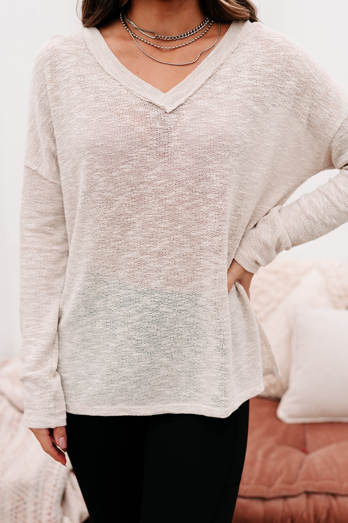 Everyday Excellence Slub Knit V-Neck Top (Oatmeal)-The Formal Wear