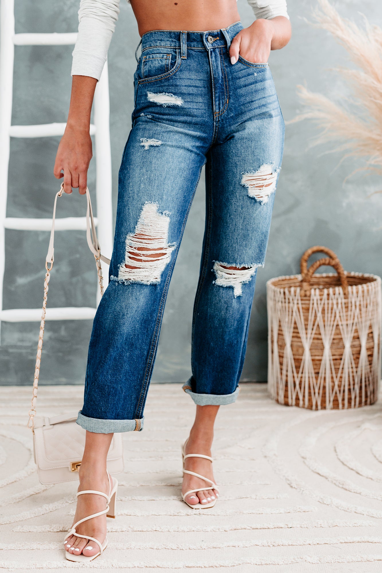 90's Nostalgia High Rise Distressed Straight Leg Sneak Peek Jeans (Medium Dark)-The Formal Wear