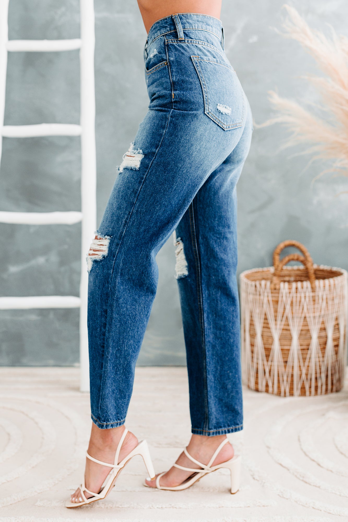 90's Nostalgia High Rise Distressed Straight Leg Sneak Peek Jeans (Medium Dark)-The Formal Wear