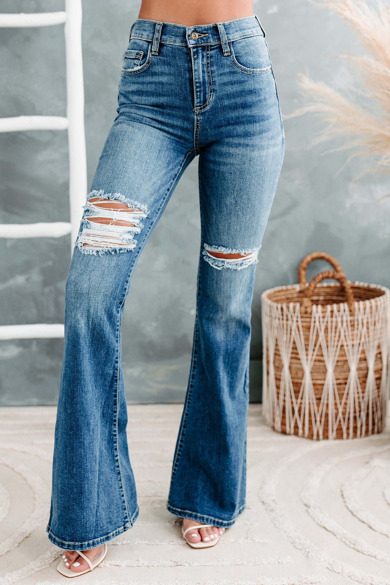 Caught Off Guard Sneak Peek High Rise Distressed Flare Jeans (Medium)-The Formal Wear
