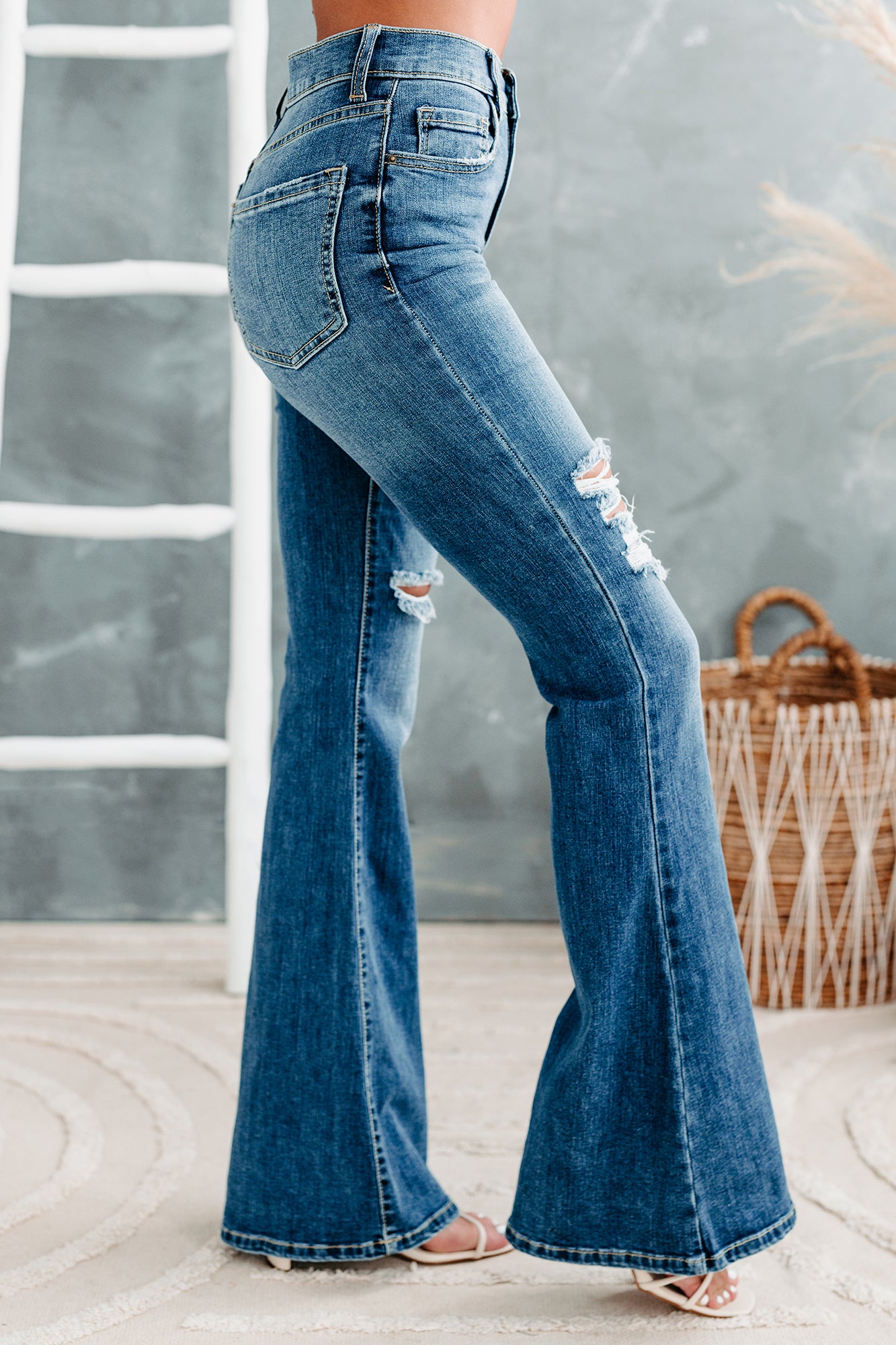 Caught Off Guard Sneak Peek High Rise Distressed Flare Jeans (Medium)-The Formal Wear