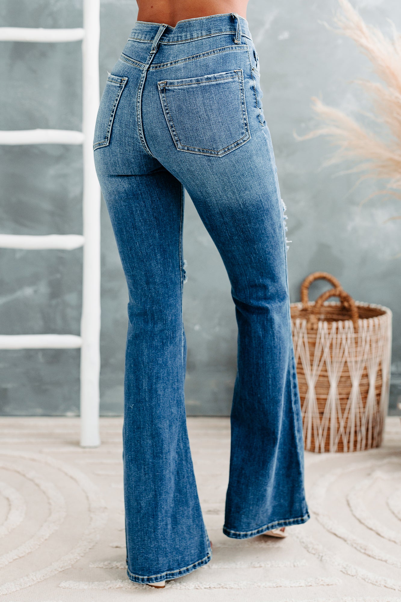 Caught Off Guard Sneak Peek High Rise Distressed Flare Jeans (Medium)-The Formal Wear