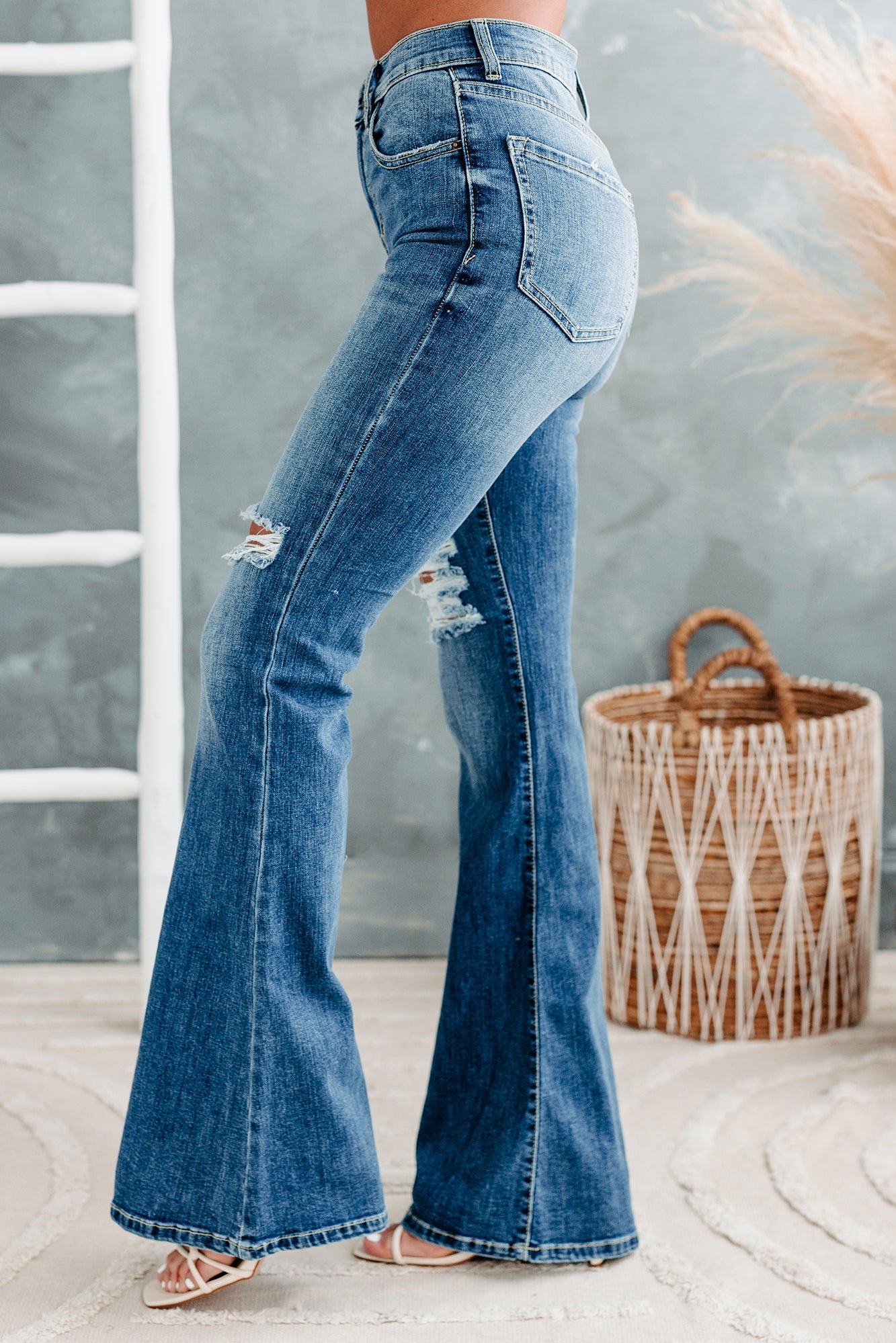 Caught Off Guard Sneak Peek High Rise Distressed Flare Jeans (Medium)-The Formal Wear