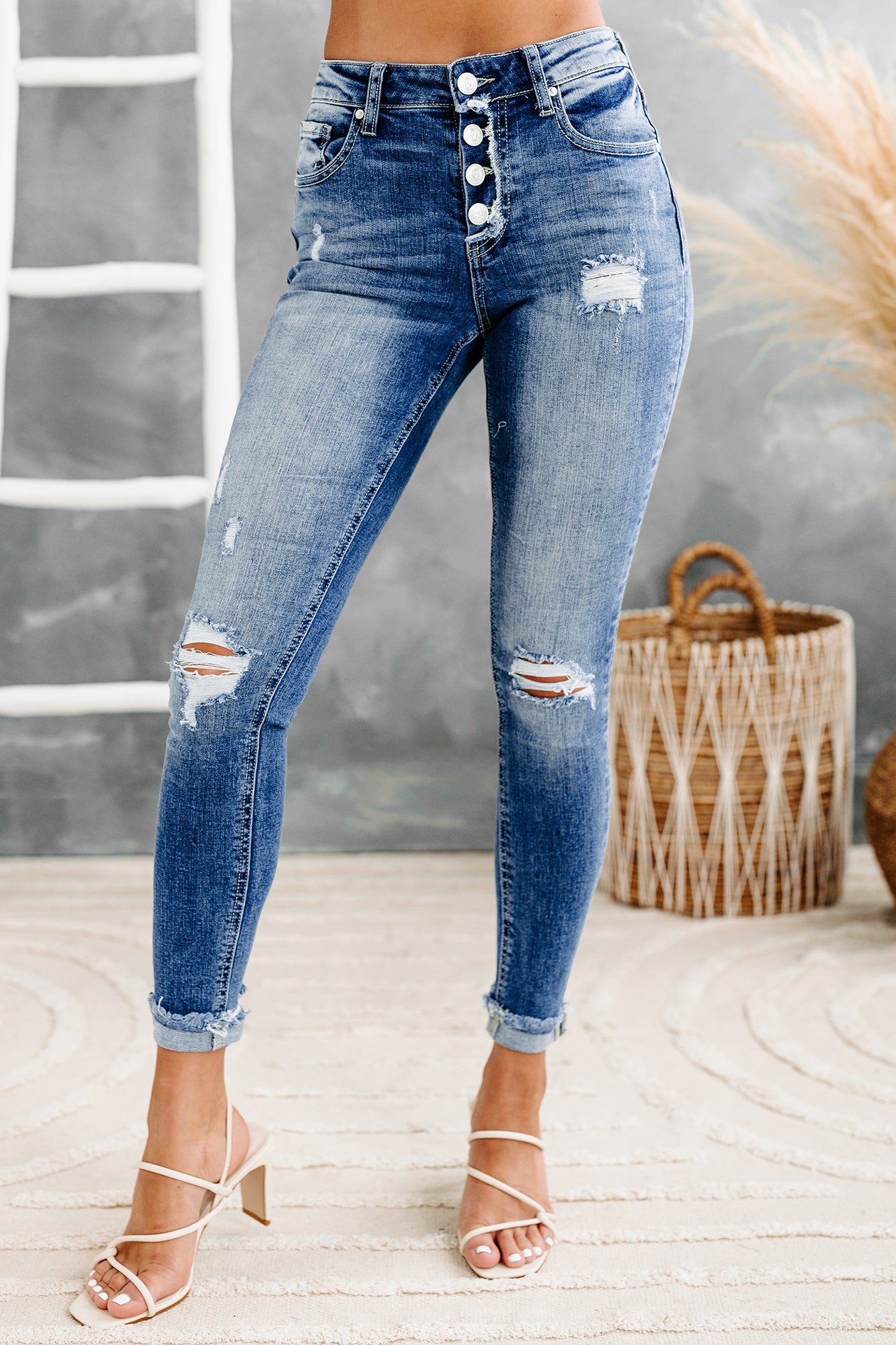 Doretta Insane Gene Mid-Rise Button-Fly Distressed Skinny Jeans (Medium)-The Formal Wear