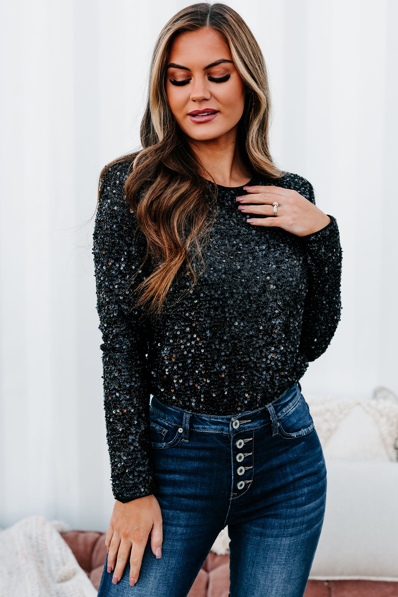 Future Goals Sequin Long Sleeve Bodysuit (Black)-The Formal Wear