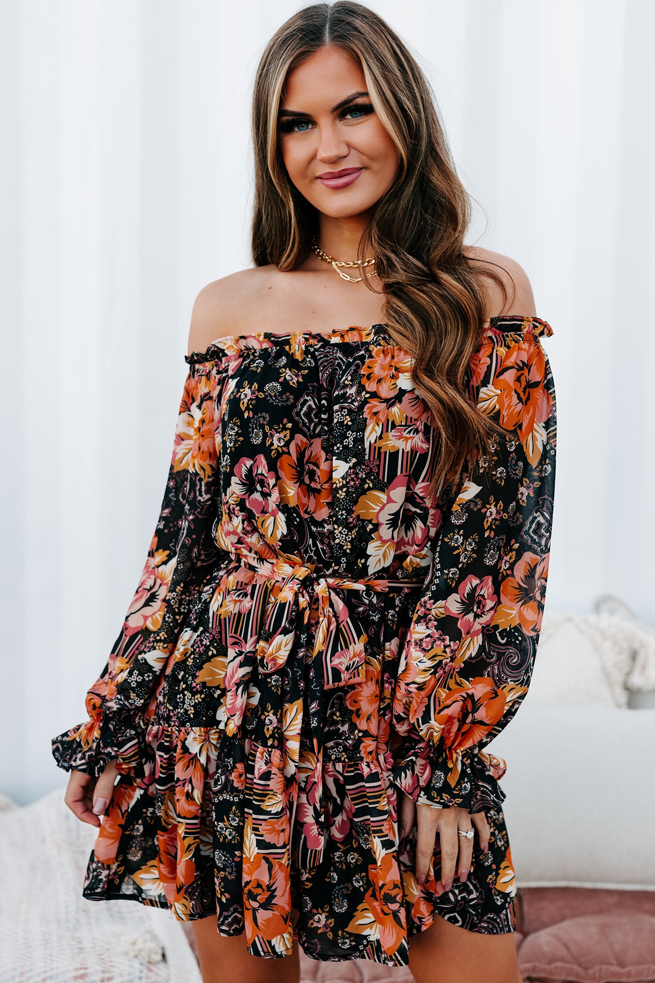 Believe In Yourself Off The Shoulder Printed Mini Dress (Black)-The Formal Wear
