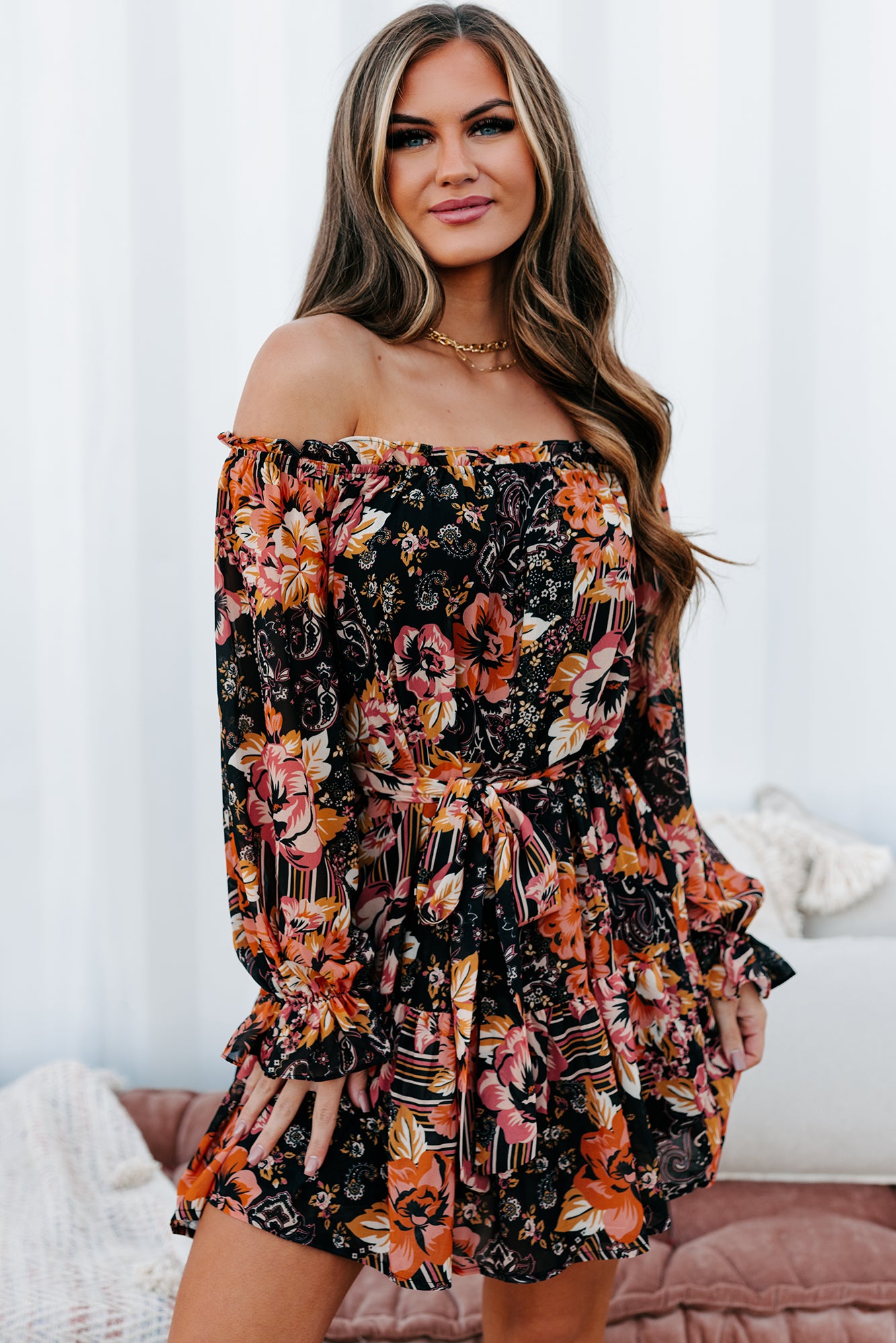 Believe In Yourself Off The Shoulder Printed Mini Dress (Black)-The Formal Wear