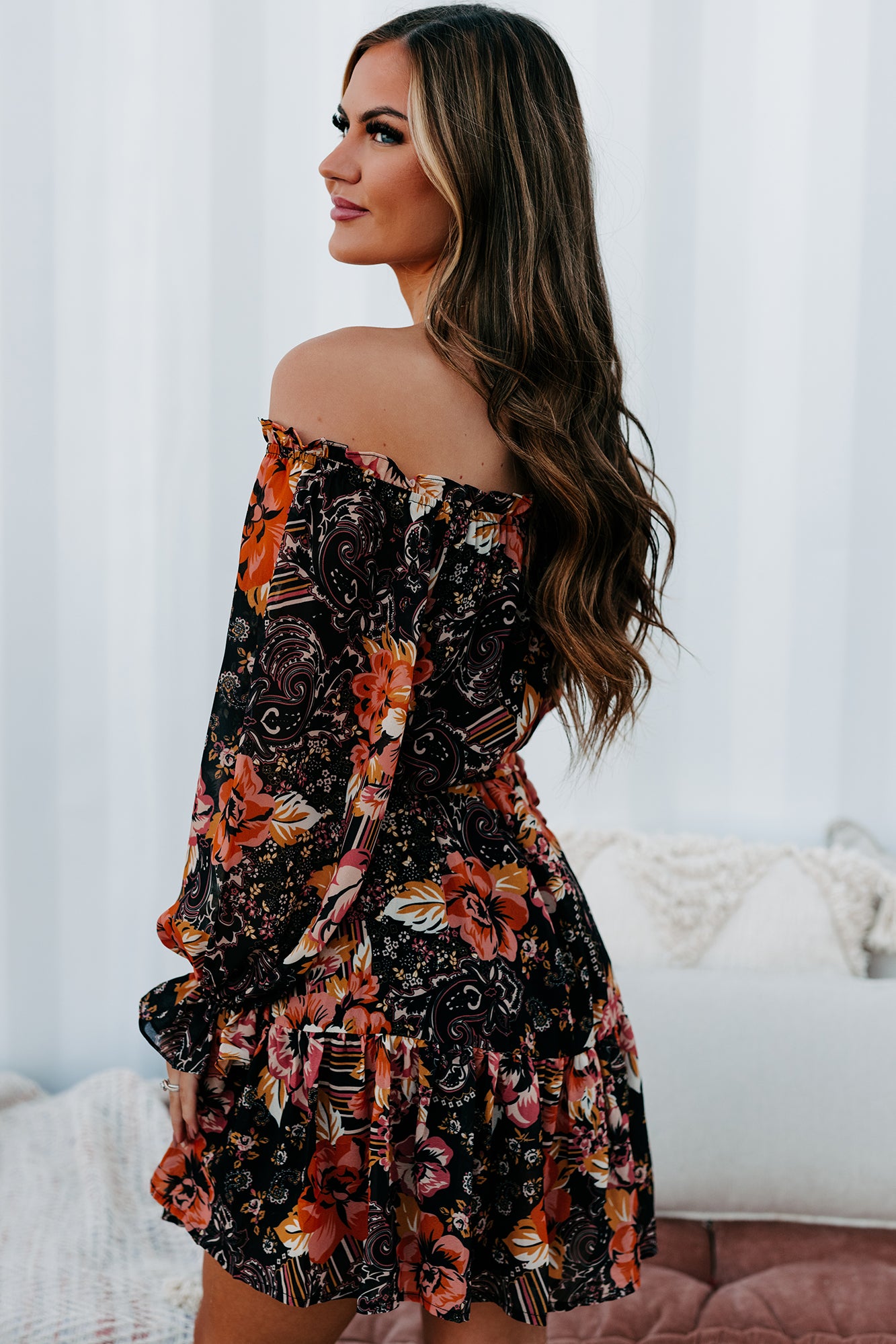 Believe In Yourself Off The Shoulder Printed Mini Dress (Black)-The Formal Wear