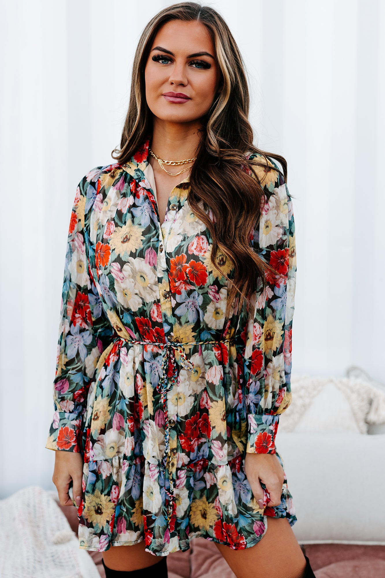 Better With Blooms High Neck Floral Mini Dress (Black/Multi)-The Formal Wear
