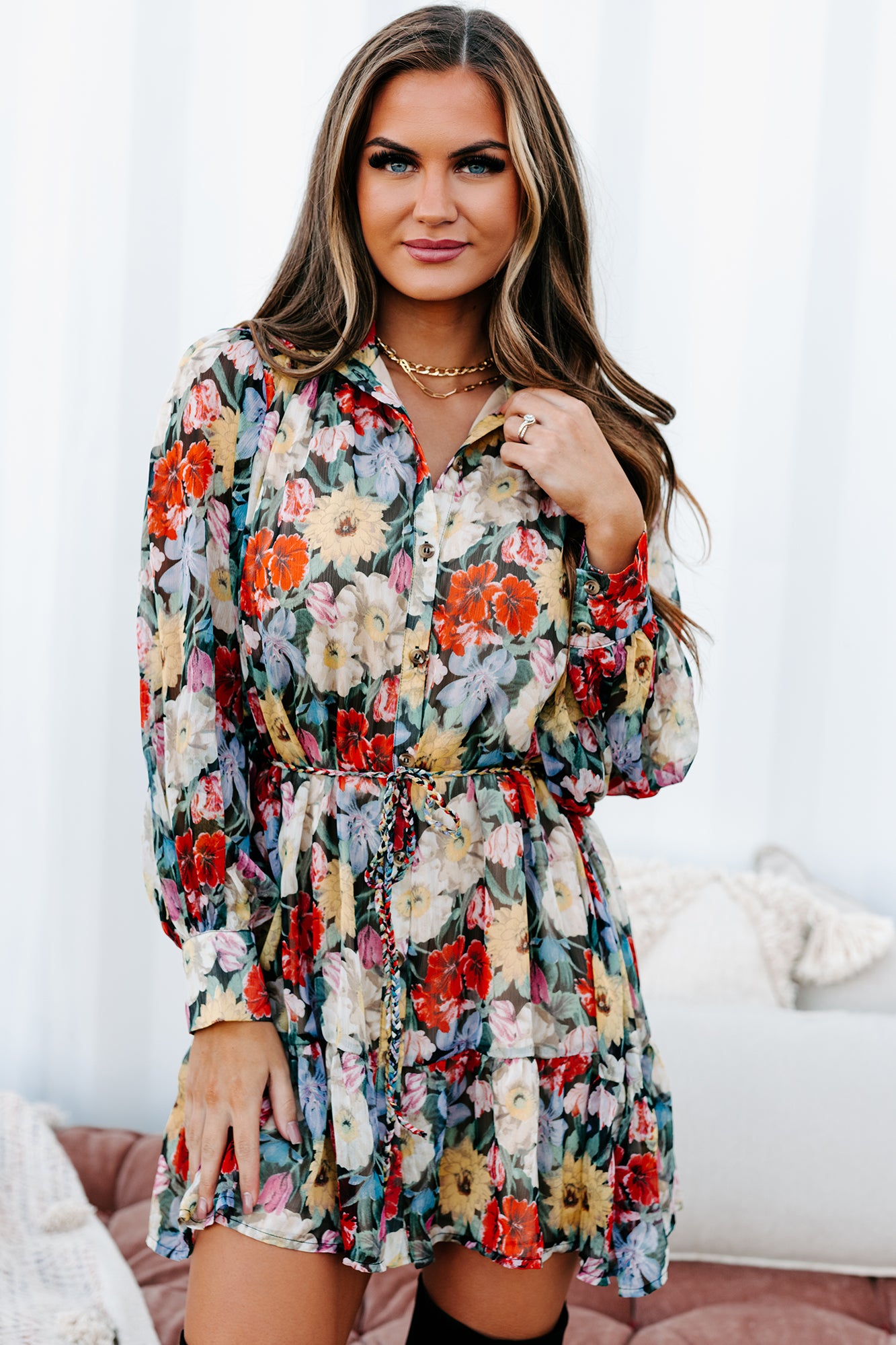 Better With Blooms High Neck Floral Mini Dress (Black/Multi)-The Formal Wear