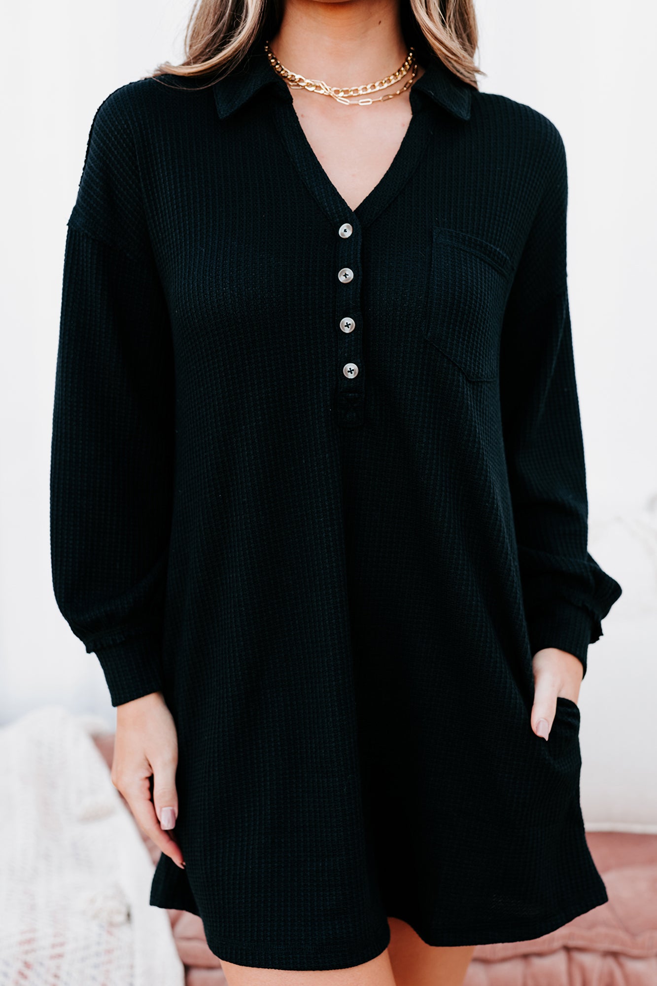 Brunch Basics Waffle Knit Shirt Dress (Black)-The Formal Wear
