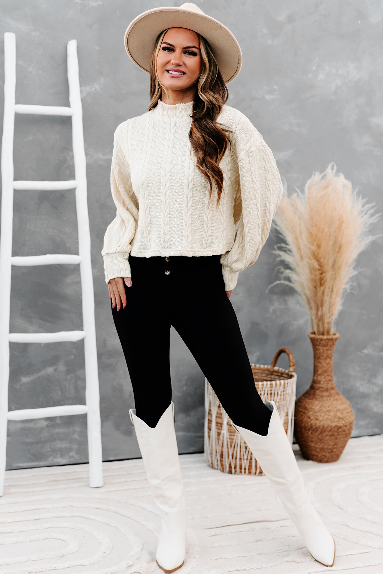 Autumn Affair Textured Mock Neck Top (Cream)-The Formal Wear