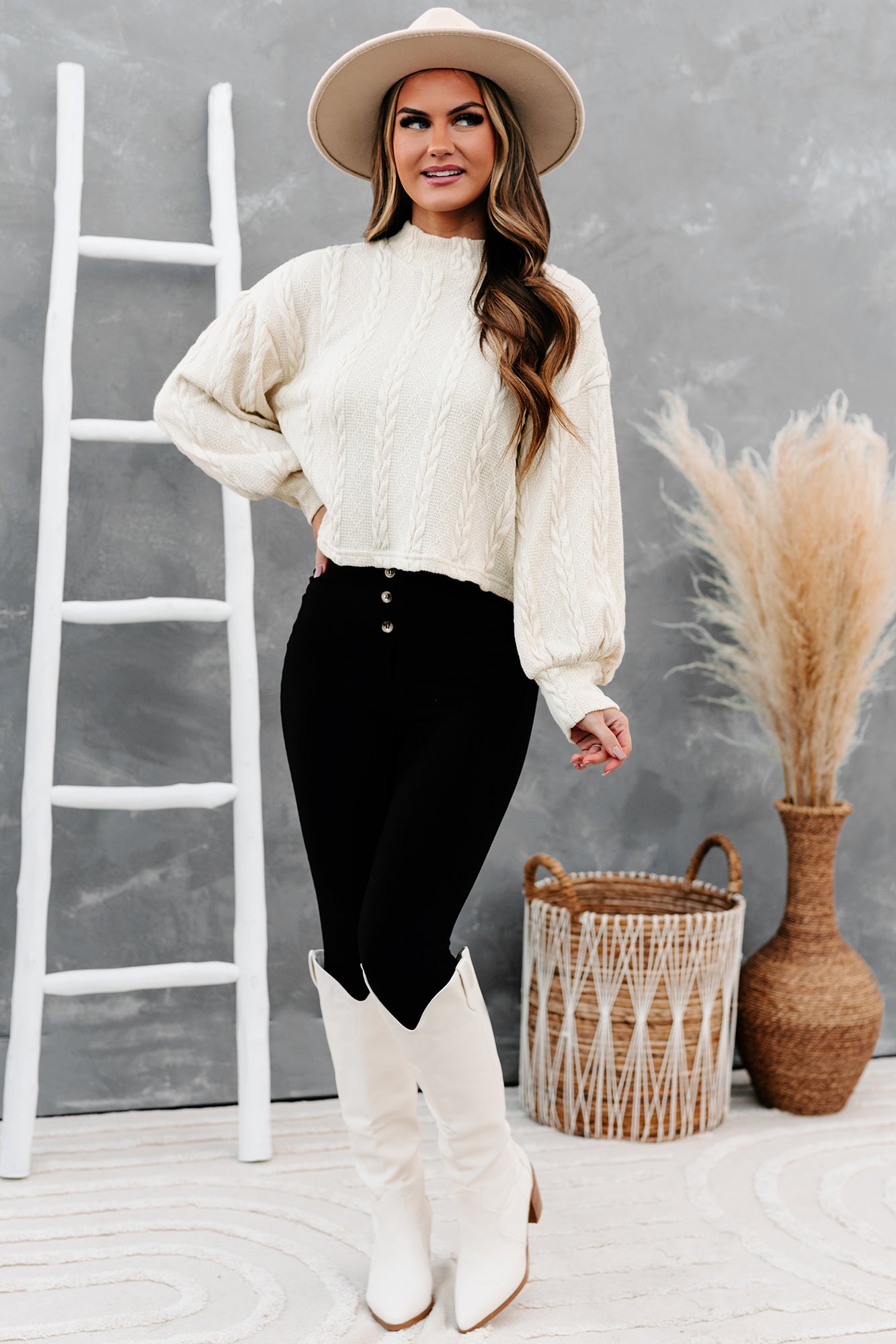 Autumn Affair Textured Mock Neck Top (Cream)-The Formal Wear
