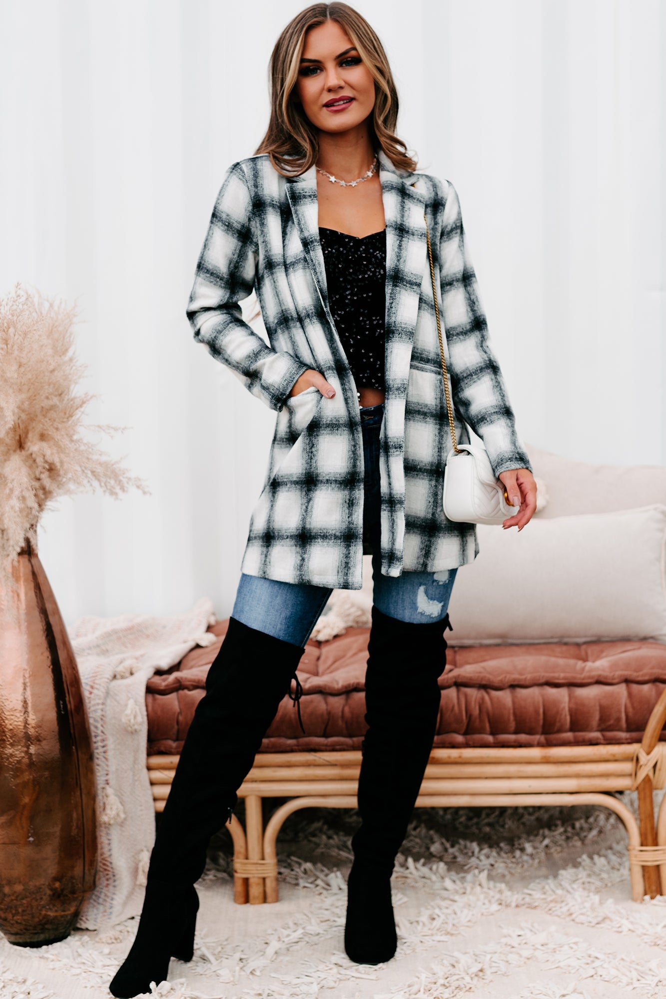 Plaid To Meet You Plaid Open Front Coat (Ivory/Black)-The Formal Wear