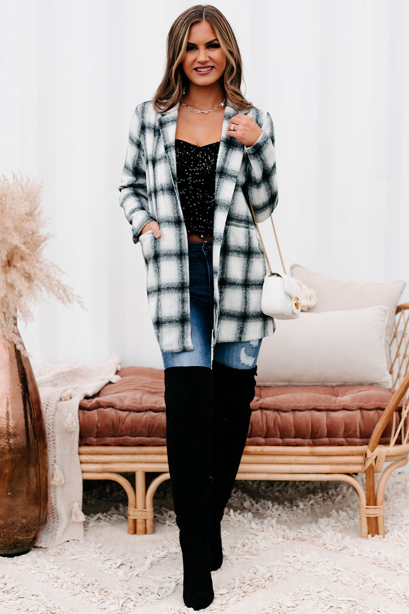 Plaid To Meet You Plaid Open Front Coat (Ivory/Black)-The Formal Wear