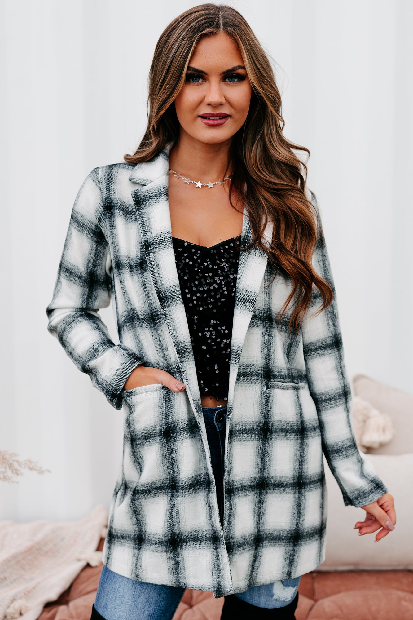 Plaid To Meet You Plaid Open Front Coat (Ivory/Black)-The Formal Wear