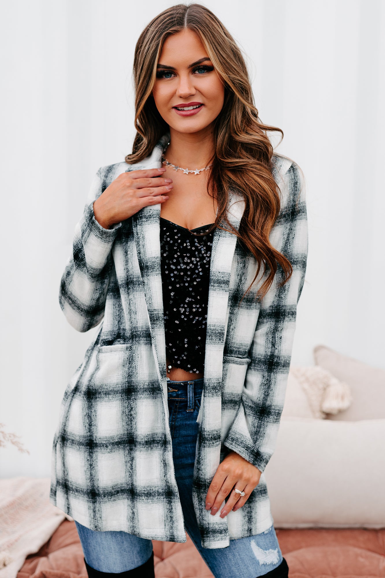 Plaid To Meet You Plaid Open Front Coat (Ivory/Black)-The Formal Wear