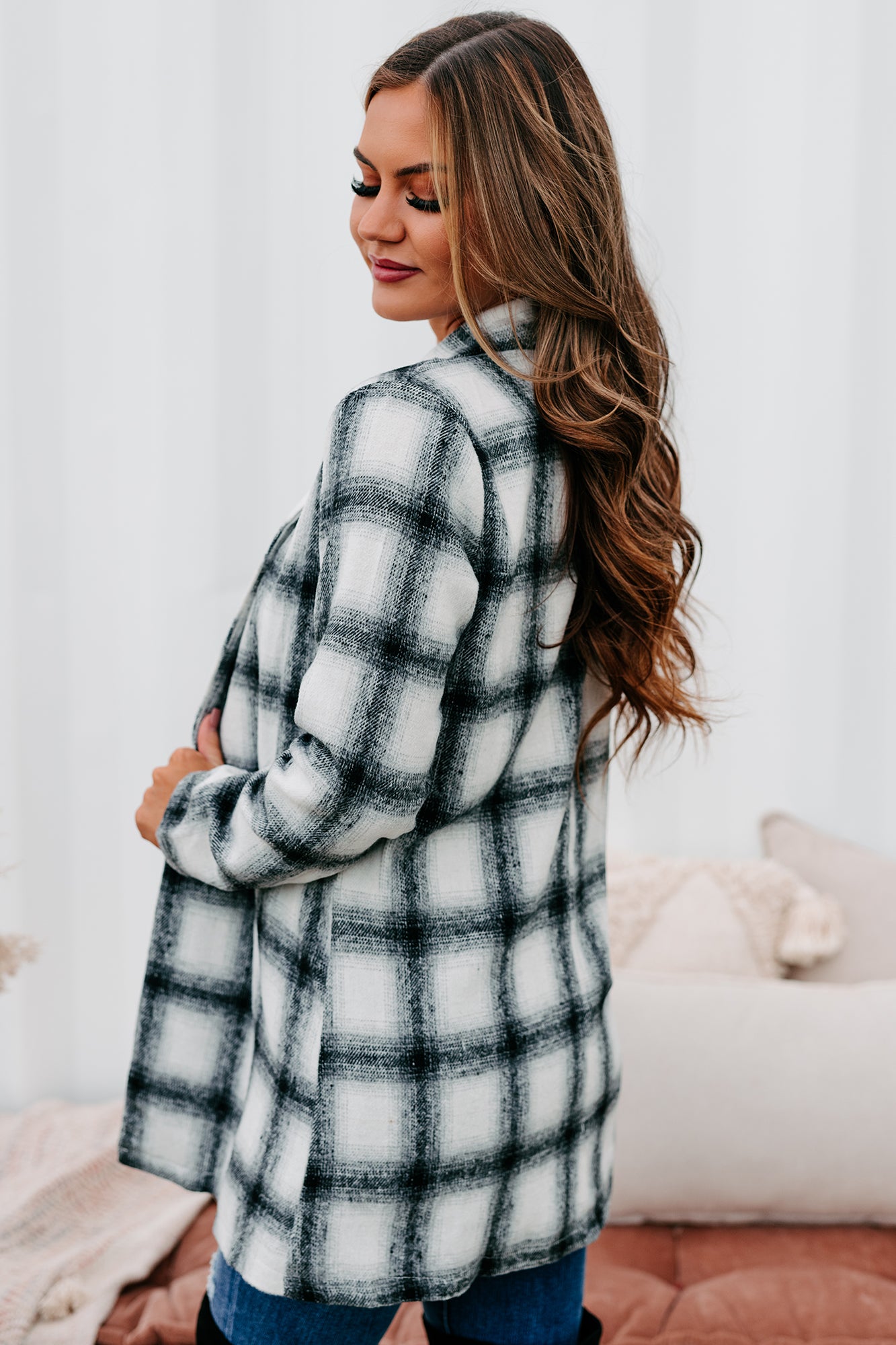 Plaid To Meet You Plaid Open Front Coat (Ivory/Black)-The Formal Wear
