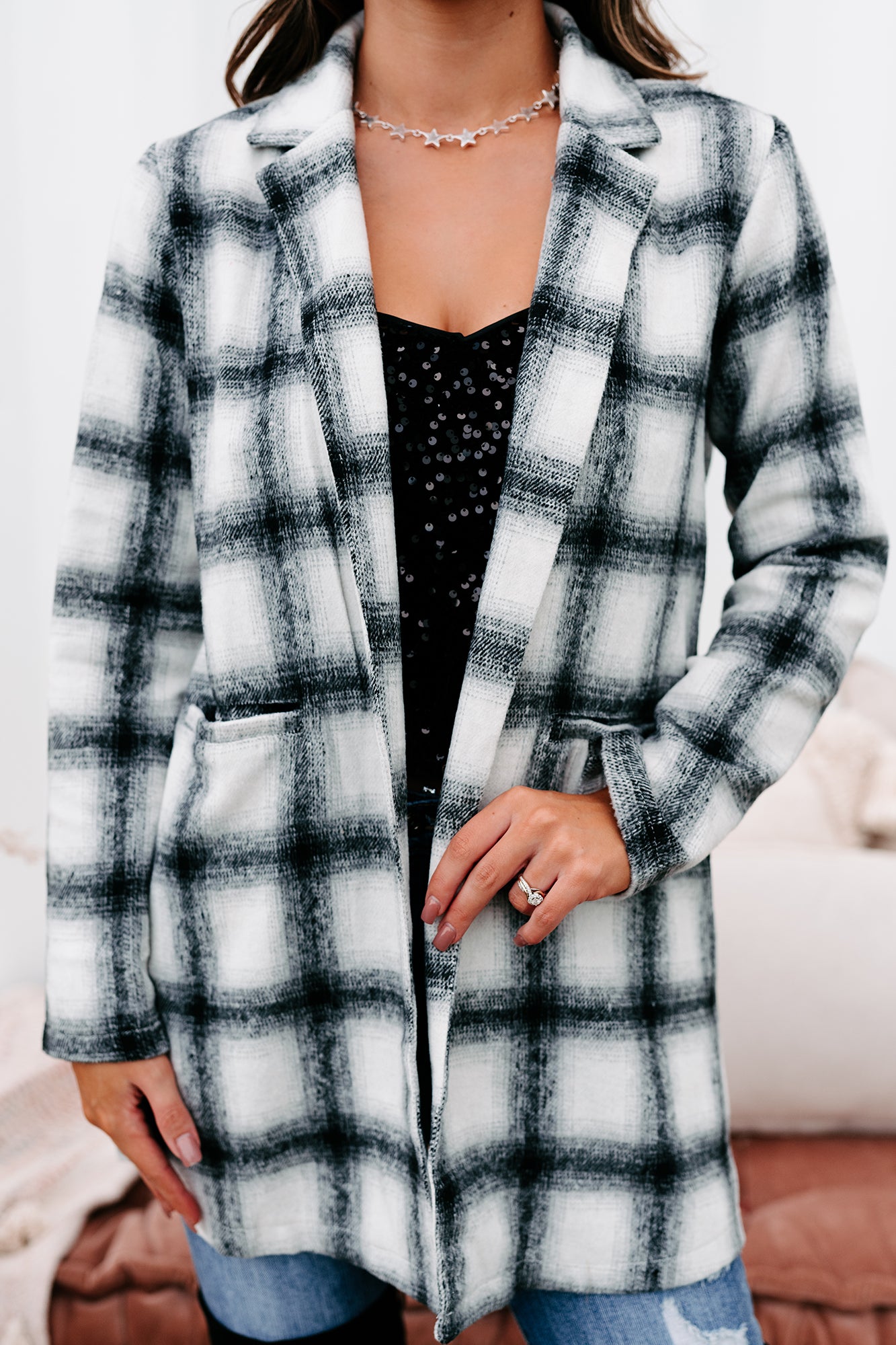 Plaid To Meet You Plaid Open Front Coat (Ivory/Black)-The Formal Wear