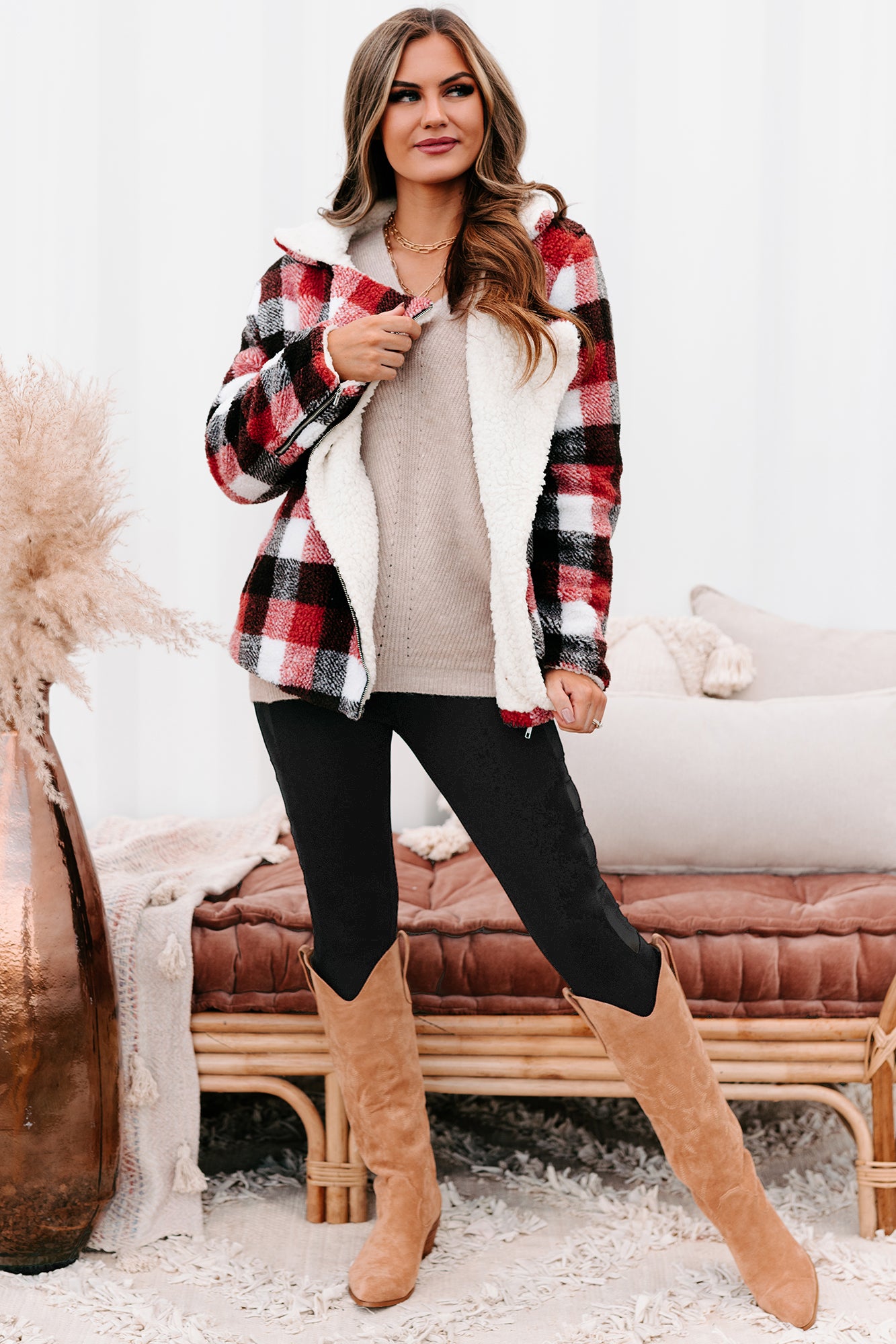 Mountain Memories Plaid Sherpa Jacket (Rust)-The Formal Wear