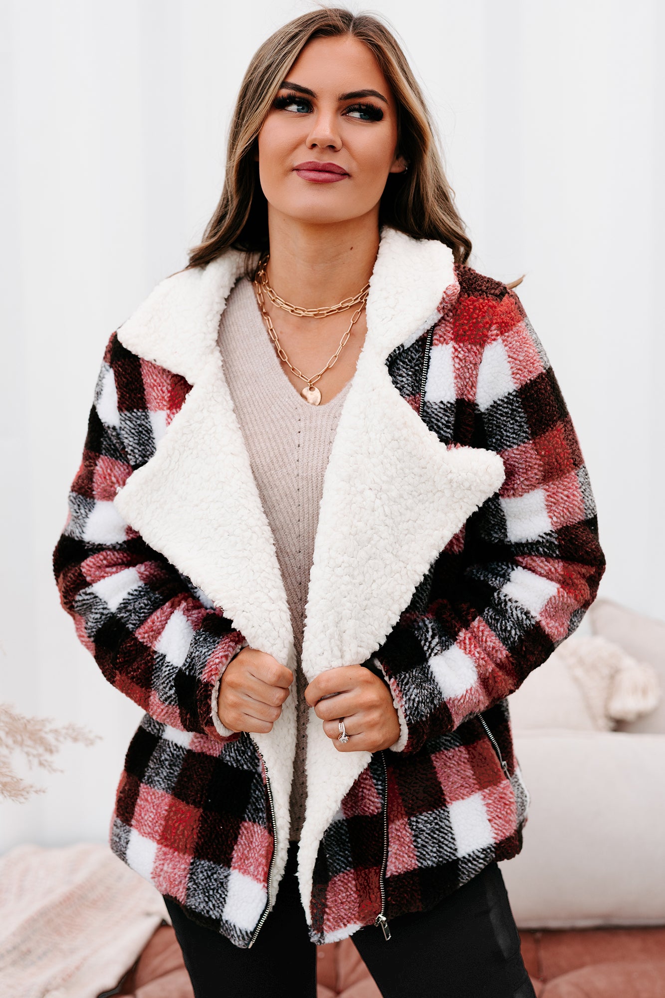Mountain Memories Plaid Sherpa Jacket (Rust)-The Formal Wear