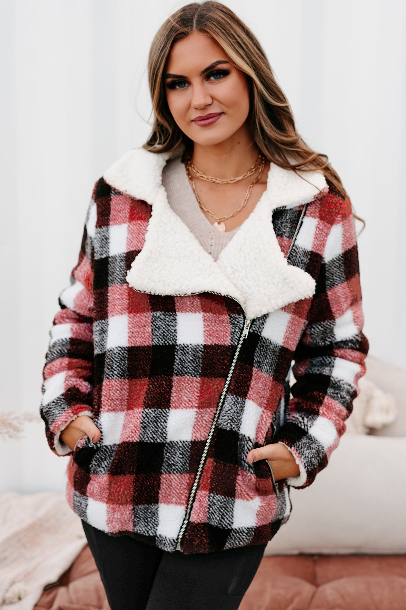 Mountain Memories Plaid Sherpa Jacket (Rust)-The Formal Wear