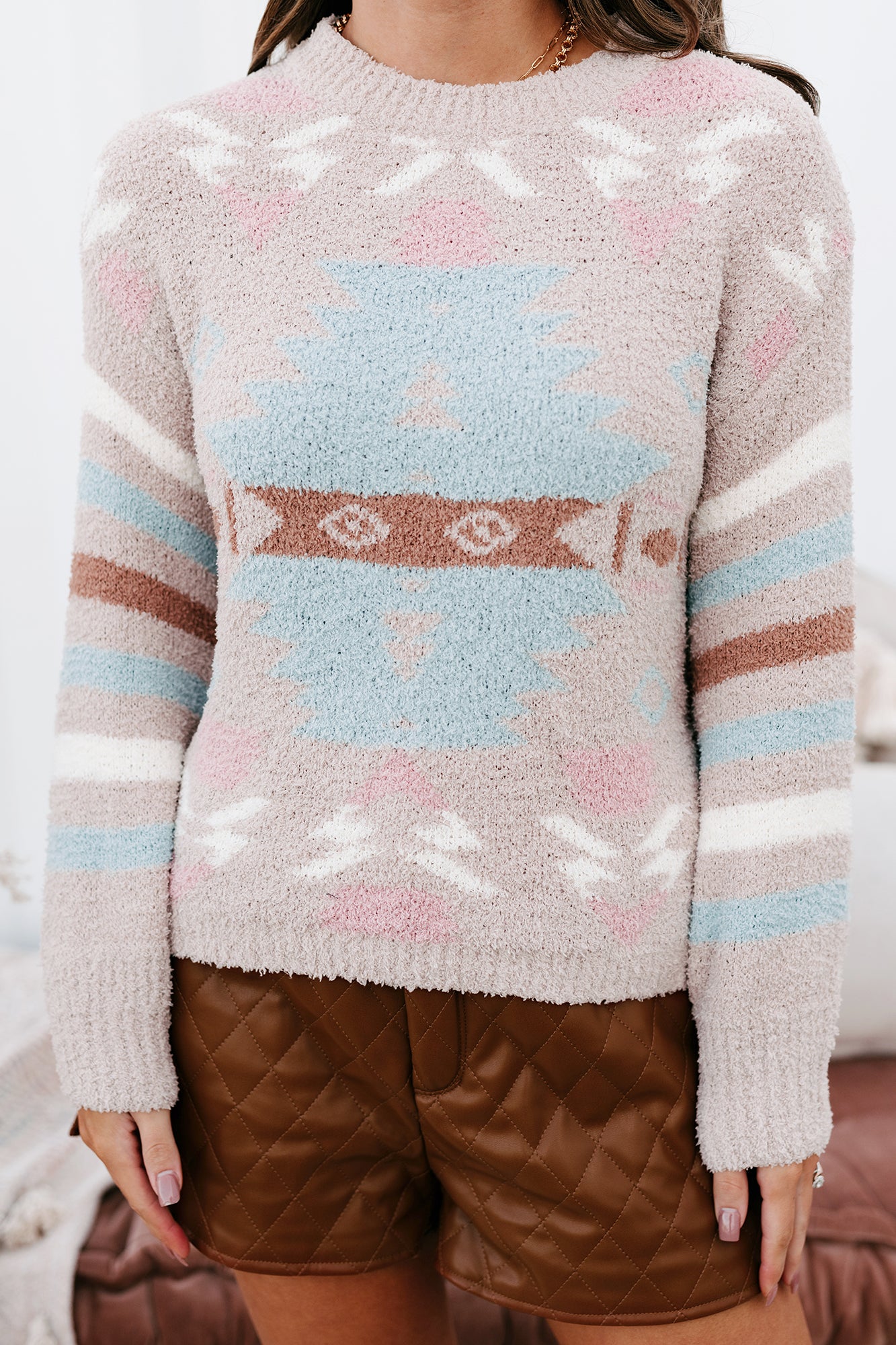 River City Fuzzy Aztec Print Sweater (Beige)-The Formal Wear