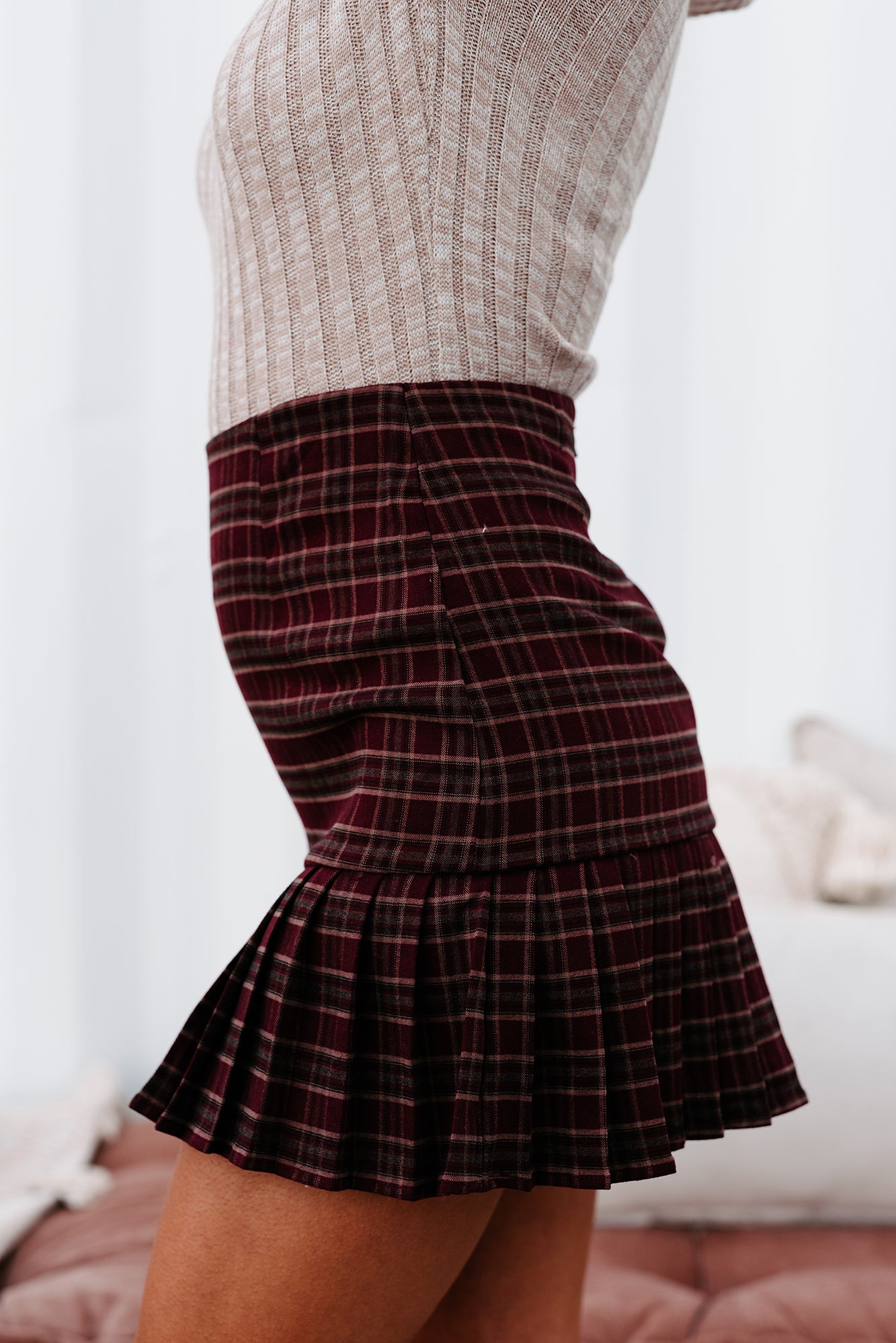My Best Behavior Pleated Plaid Skirt (Burgundy)-The Formal Wear