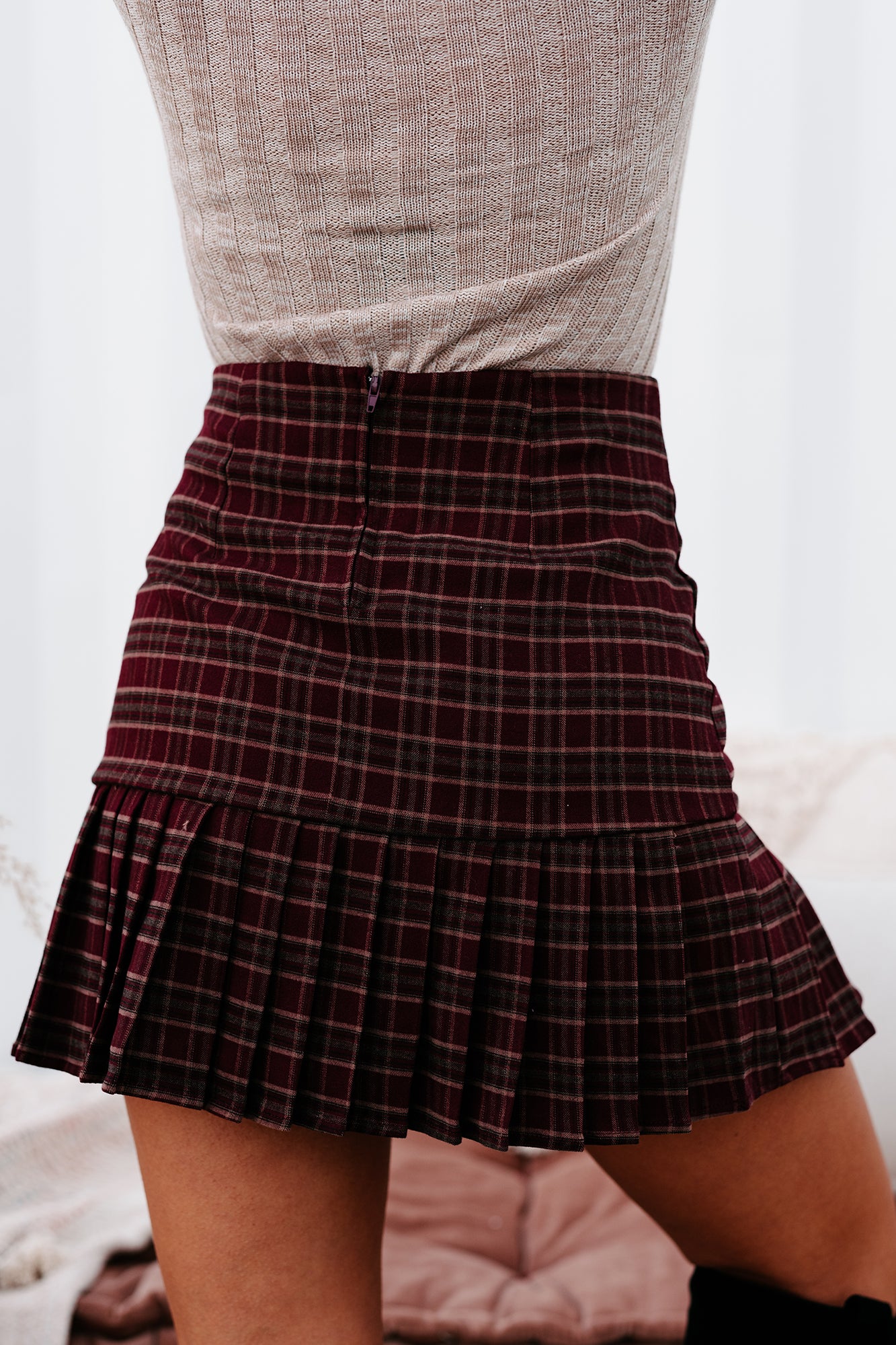 My Best Behavior Pleated Plaid Skirt (Burgundy)-The Formal Wear