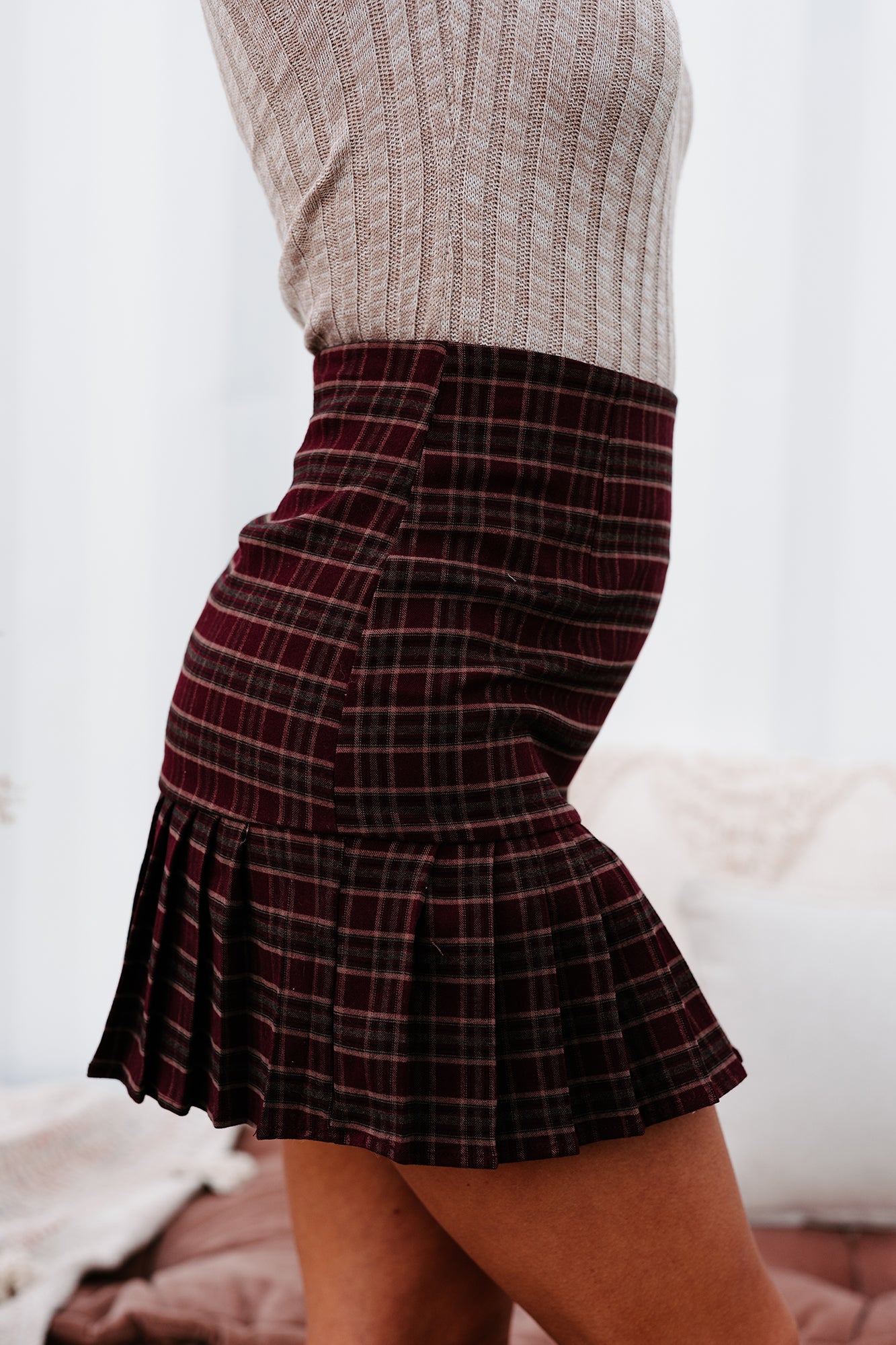 My Best Behavior Pleated Plaid Skirt (Burgundy)-The Formal Wear