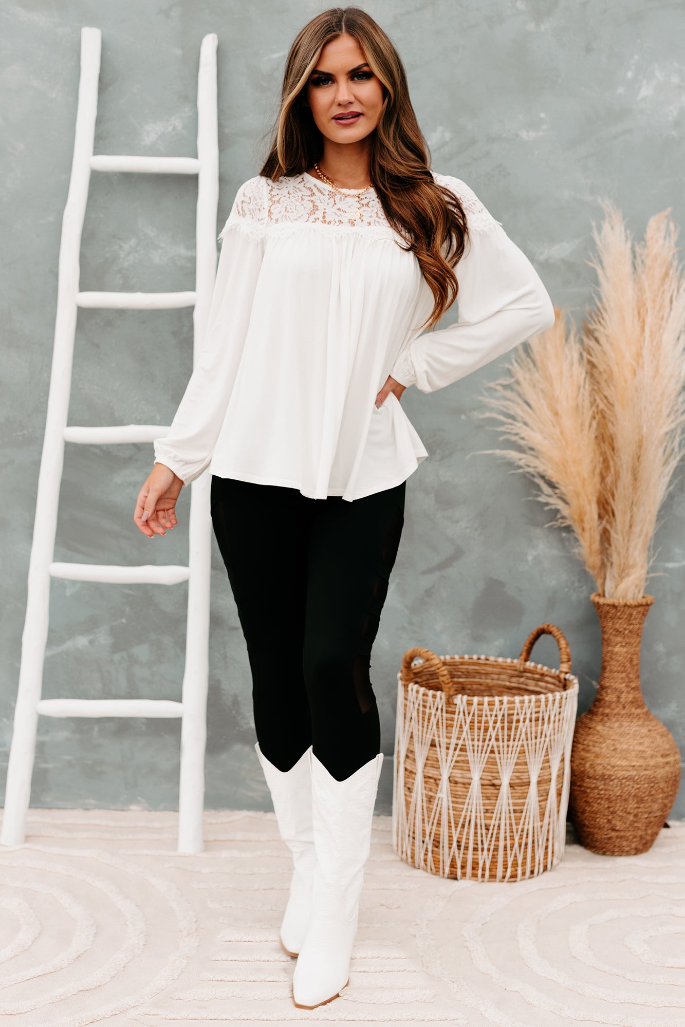 Blissfully Beautiful Lace Long Sleeve Top (Off White)-The Formal Wear